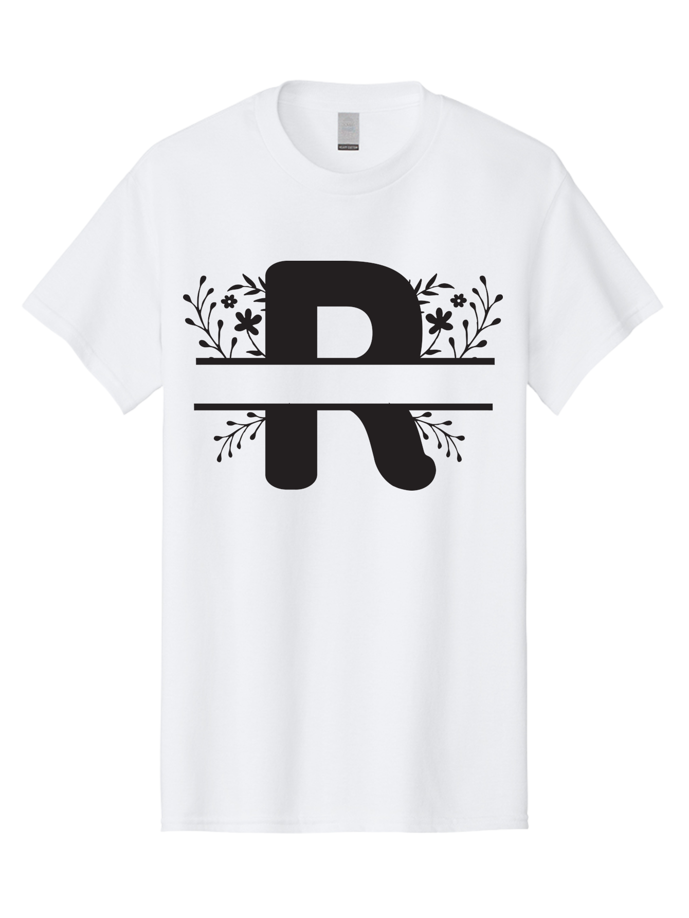 R Men'S Graphic Tee, 100% Cotton, Comfortable Casual Summer Wear, Machine Washable, Stylized Letter R, Floral Design, Black Lettering, Decorative Elements, Flowers And Leaves, Elegant Typography, Sophisticated Graphics Aad112