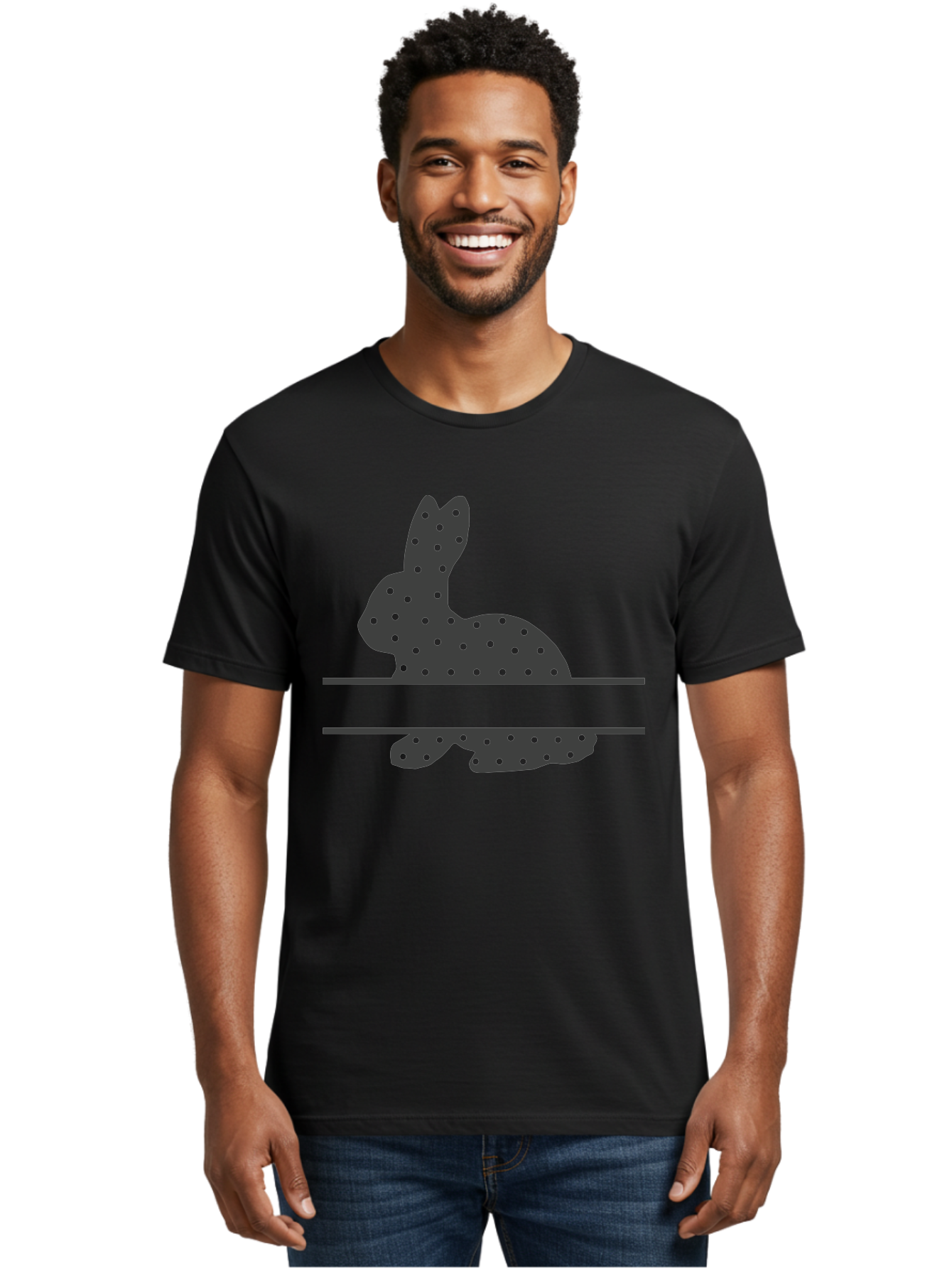 Rabbit-Silhouette-With-Dots Men'S Graphic Tee, 100% Cotton, Comfortable Casual Summer Wear, Machine Washable, Rabbit Silhouette, Black Silhouette, Polka Dot Pattern, Reflection Effect, Mirrored Image, Modern Art, Minimalist Design, Cute Bunny Aad113