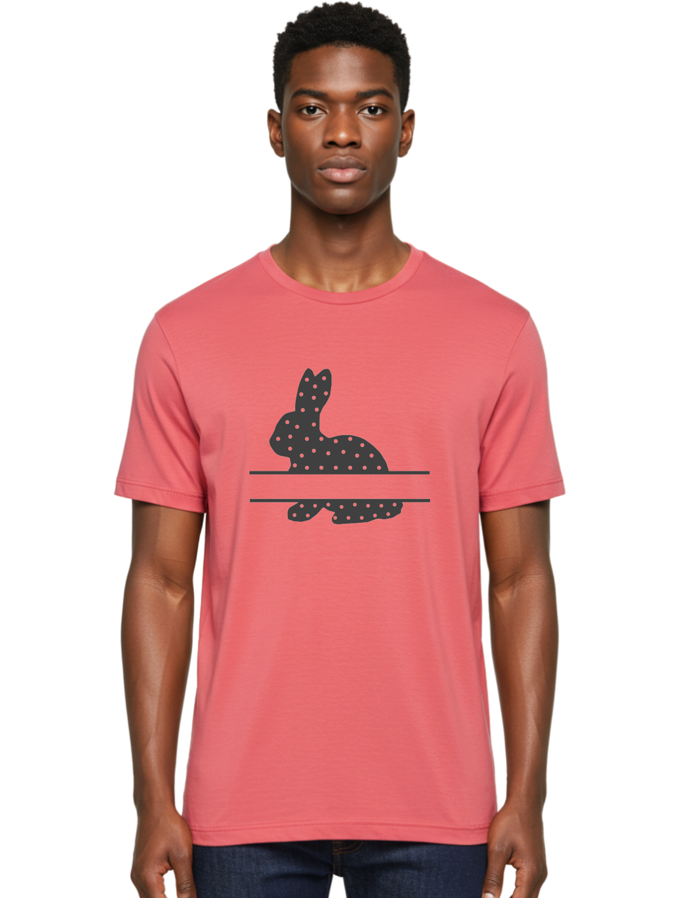 Rabbit-Silhouette-With-Dots Men'S Graphic Tee, 100% Cotton, Comfortable Casual Summer Wear, Machine Washable, Rabbit Silhouette, Black Silhouette, Polka Dot Pattern, Reflection Effect, Mirrored Image, Modern Art, Minimalist Design, Cute Bunny Aad113