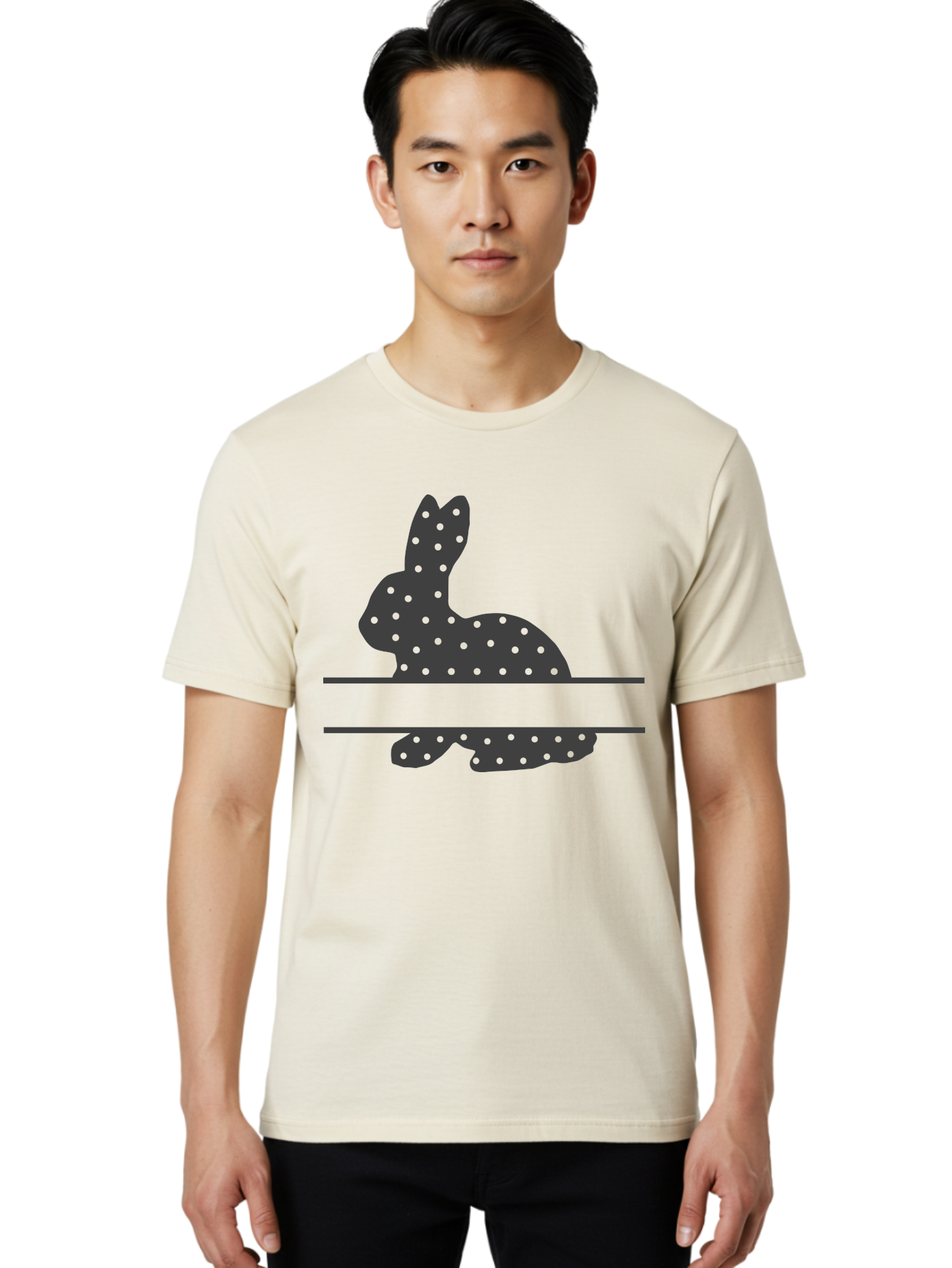 Rabbit-Silhouette-With-Dots Men'S Graphic Tee, 100% Cotton, Comfortable Casual Summer Wear, Machine Washable, Rabbit Silhouette, Black Silhouette, Polka Dot Pattern, Reflection Effect, Mirrored Image, Modern Art, Minimalist Design, Cute Bunny Aad113