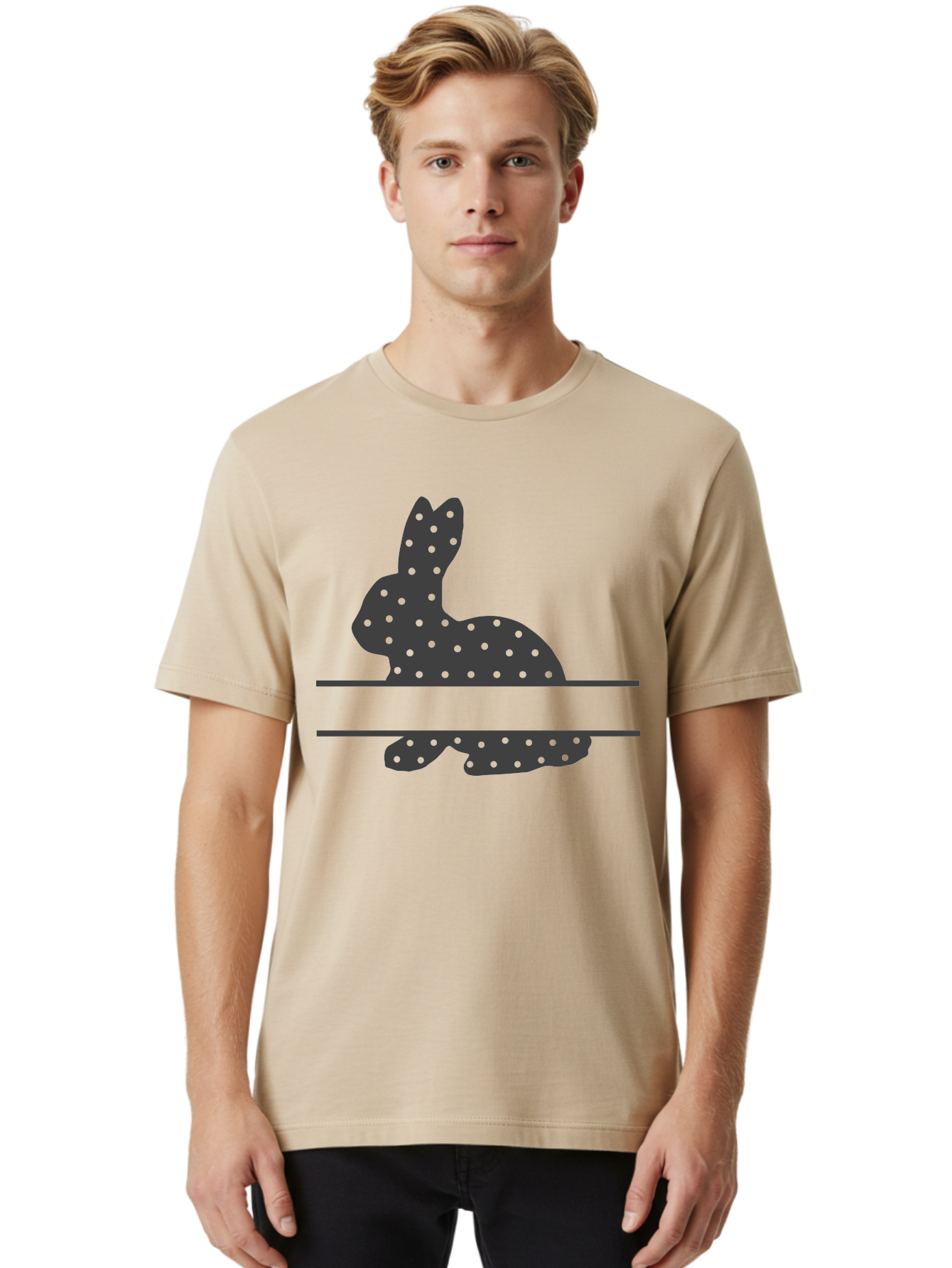 Rabbit-Silhouette-With-Dots Men'S Graphic Tee, 100% Cotton, Comfortable Casual Summer Wear, Machine Washable, Rabbit Silhouette, Black Silhouette, Polka Dot Pattern, Reflection Effect, Mirrored Image, Modern Art, Minimalist Design, Cute Bunny Aad113