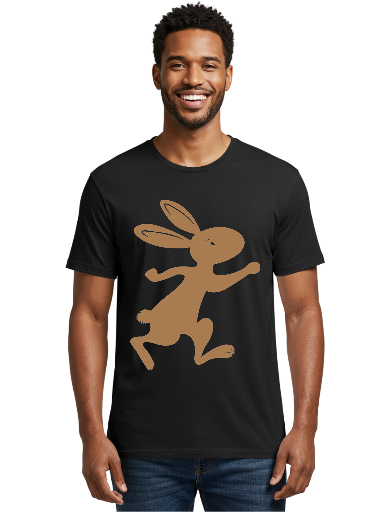 Rabbit Men'S Graphic Tee, 100% Cotton, Comfortable Casual Summer Wear, Machine Washable, Cartoon Rabbit, Jumping Rabbit, Brown Rabbit, Playful Pose, Cute Illustration, Simple Design, Whimsical Art, Cartoon Character, Funny Rabbit Aad115