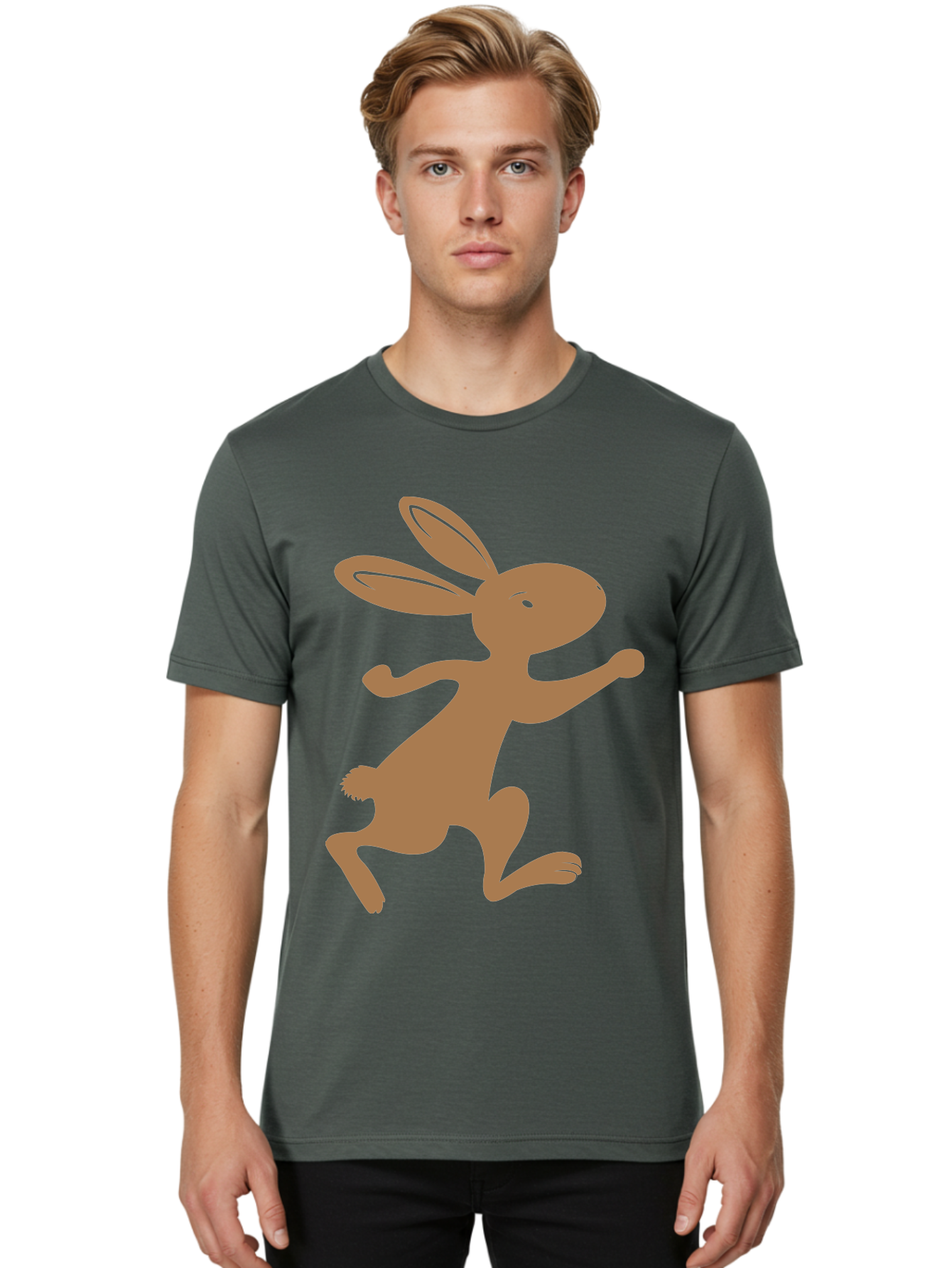 Rabbit Men'S Graphic Tee, 100% Cotton, Comfortable Casual Summer Wear, Machine Washable, Cartoon Rabbit, Jumping Rabbit, Brown Rabbit, Playful Pose, Cute Illustration, Simple Design, Whimsical Art, Cartoon Character, Funny Rabbit Aad115