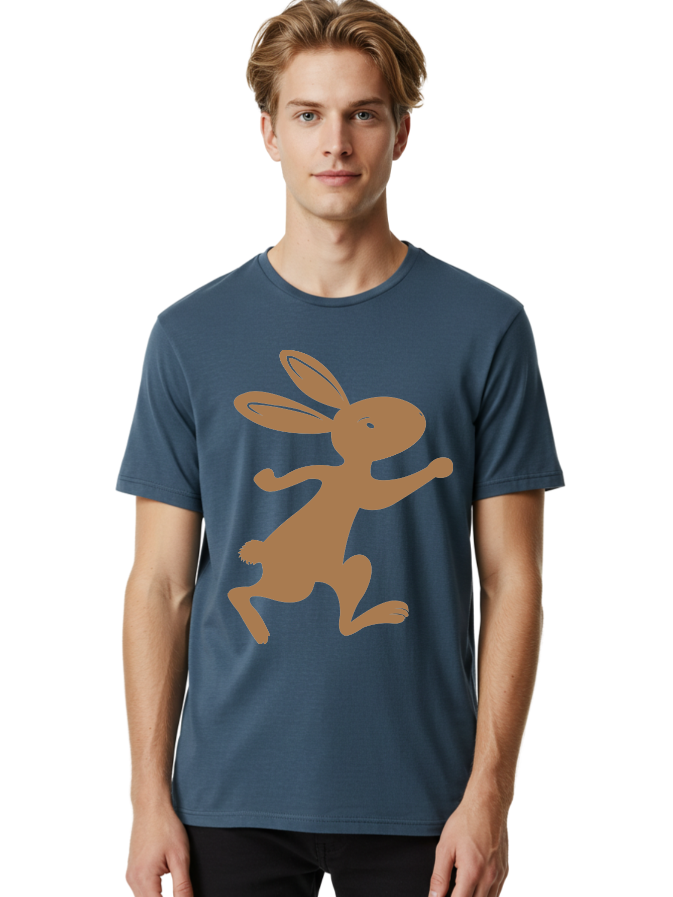 Rabbit Men'S Graphic Tee, 100% Cotton, Comfortable Casual Summer Wear, Machine Washable, Cartoon Rabbit, Jumping Rabbit, Brown Rabbit, Playful Pose, Cute Illustration, Simple Design, Whimsical Art, Cartoon Character, Funny Rabbit Aad115