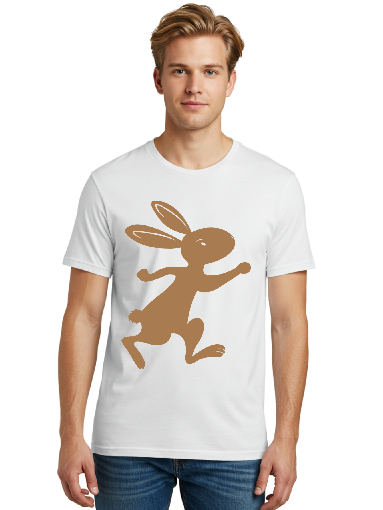 Rabbit Men'S Graphic Tee, 100% Cotton, Comfortable Casual Summer Wear, Machine Washable, Cartoon Rabbit, Jumping Rabbit, Brown Rabbit, Playful Pose, Cute Illustration, Simple Design, Whimsical Art, Cartoon Character, Funny Rabbit Aad115