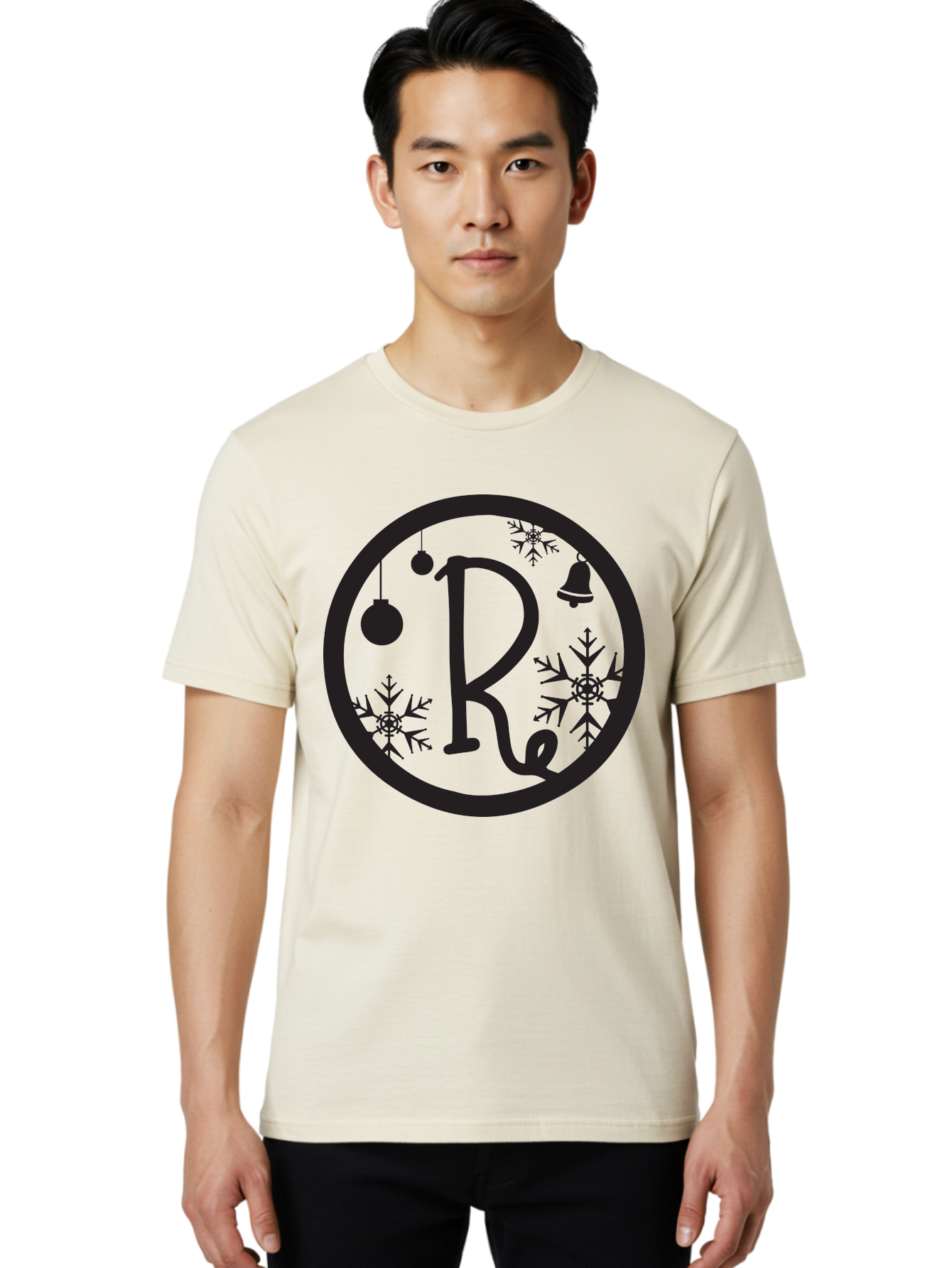 Re Men'S Graphic Tee, 100% Cotton, Comfortable Casual Summer Wear, Machine Washable, Black Logo, Christmas Decorations, Snowflakes, Hanging Ornaments, Festive Bell, Winter Wonderland, Holiday Theme, Circular Design Aad117