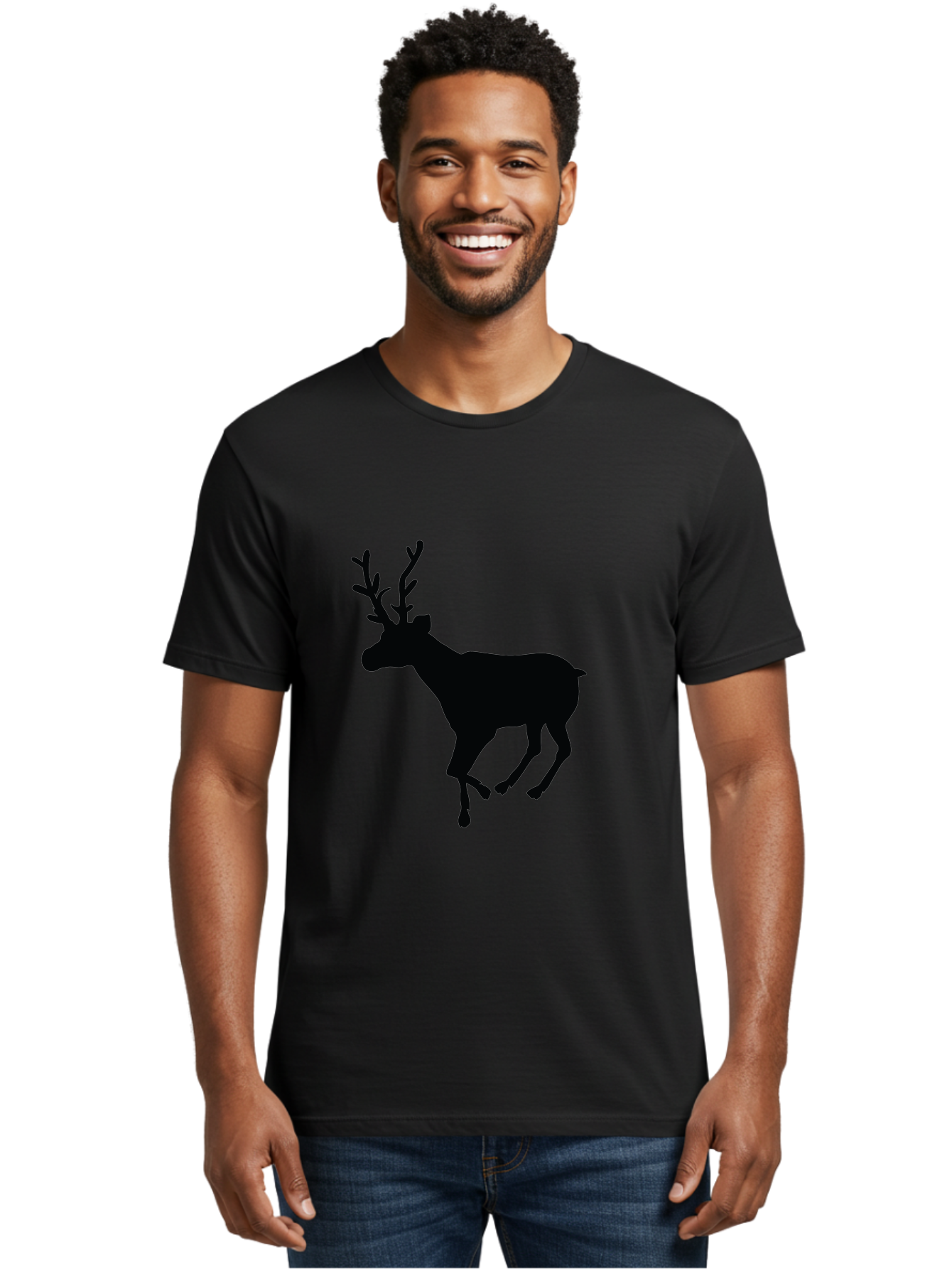 Reindeer-Silhouette Men'S Graphic Tee, 100% Cotton, Comfortable Casual Summer Wear, Machine Washable, Reindeer Silhouette, Deer Running, Antlered Animal, Wildlife Graphic, Festive Design, Winter Symbol, Holiday Icon, Minimalist Art Aad123