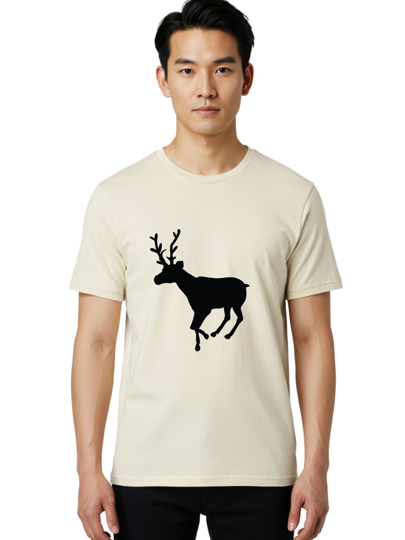 Reindeer-Silhouette Men'S Graphic Tee, 100% Cotton, Comfortable Casual Summer Wear, Machine Washable, Reindeer Silhouette, Deer Running, Antlered Animal, Wildlife Graphic, Festive Design, Winter Symbol, Holiday Icon, Minimalist Art Aad123