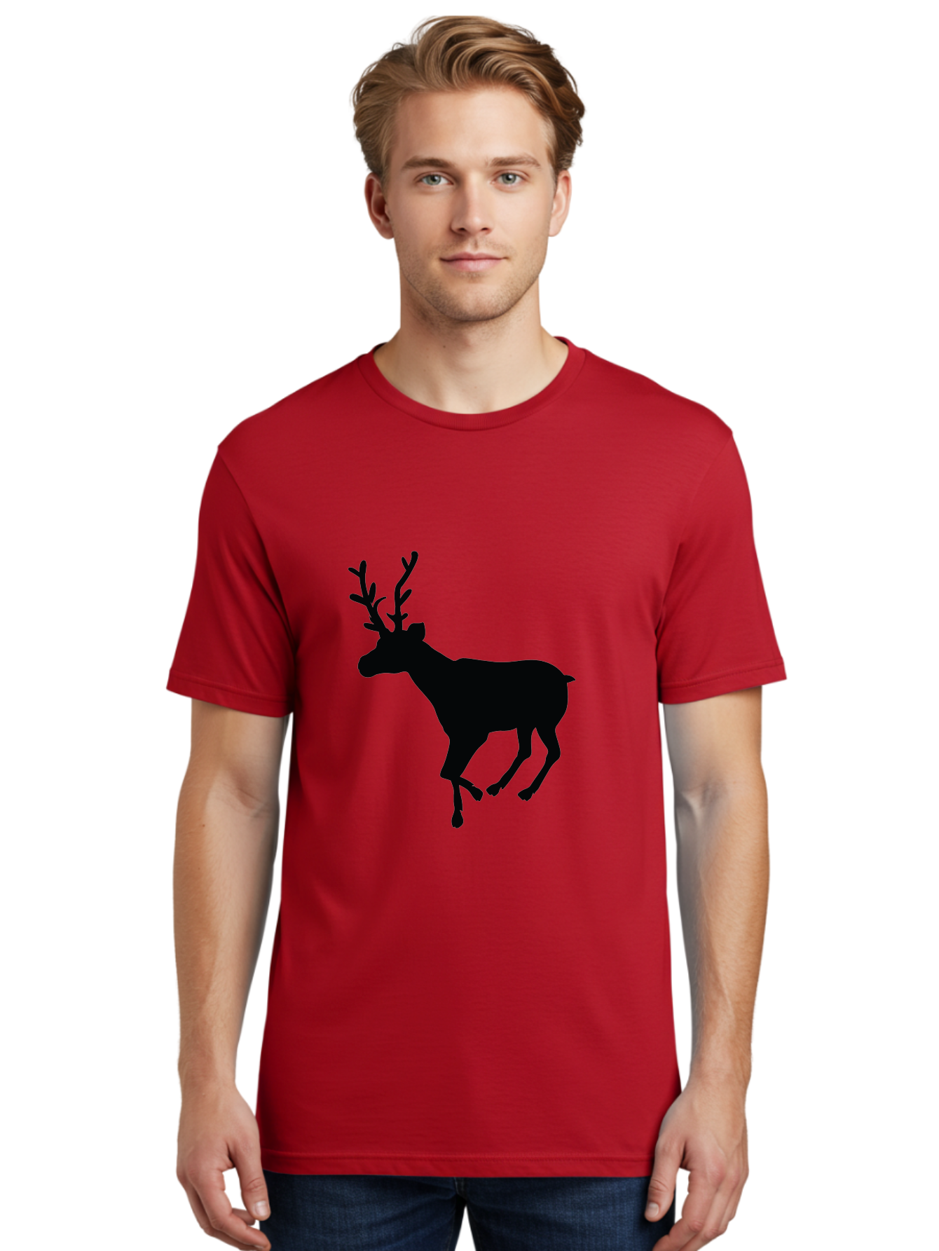 Reindeer-Silhouette Men'S Graphic Tee, 100% Cotton, Comfortable Casual Summer Wear, Machine Washable, Reindeer Silhouette, Deer Running, Antlered Animal, Wildlife Graphic, Festive Design, Winter Symbol, Holiday Icon, Minimalist Art Aad123