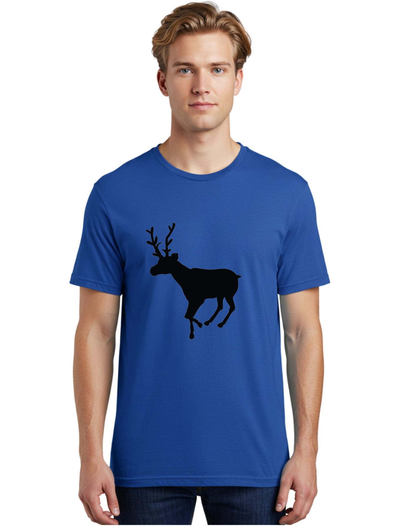 Reindeer-Silhouette Men'S Graphic Tee, 100% Cotton, Comfortable Casual Summer Wear, Machine Washable, Reindeer Silhouette, Deer Running, Antlered Animal, Wildlife Graphic, Festive Design, Winter Symbol, Holiday Icon, Minimalist Art Aad123