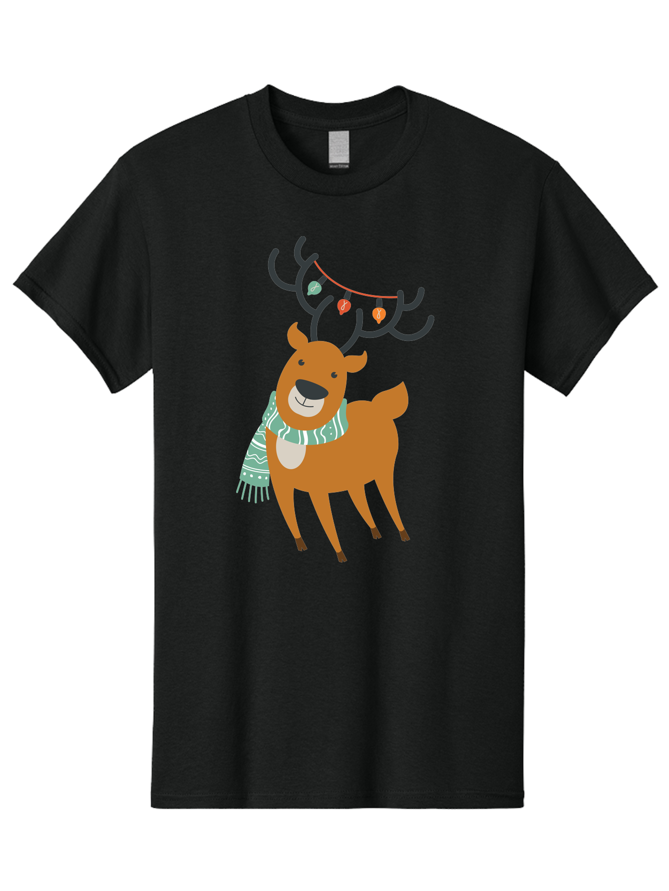 Reindeer-With-Scarf-And-Lights Men'S Graphic Tee, 100% Cotton, Comfortable Casual Summer Wear, Machine Washable, Holiday Reindeer, Christmas Decoration, Festive Scarf, String Lights, Cartoon Character, Winter Wonderland, Merry Christmas, Aad124