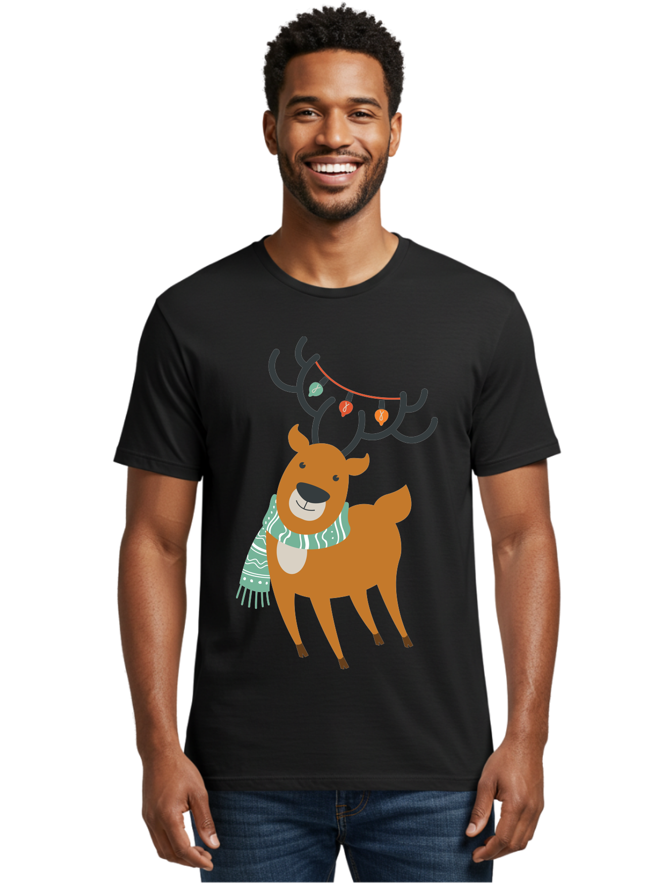 Reindeer-With-Scarf-And-Lights Men'S Graphic Tee, 100% Cotton, Comfortable Casual Summer Wear, Machine Washable, Holiday Reindeer, Christmas Decoration, Festive Scarf, String Lights, Cartoon Character, Winter Wonderland, Merry Christmas, Aad124