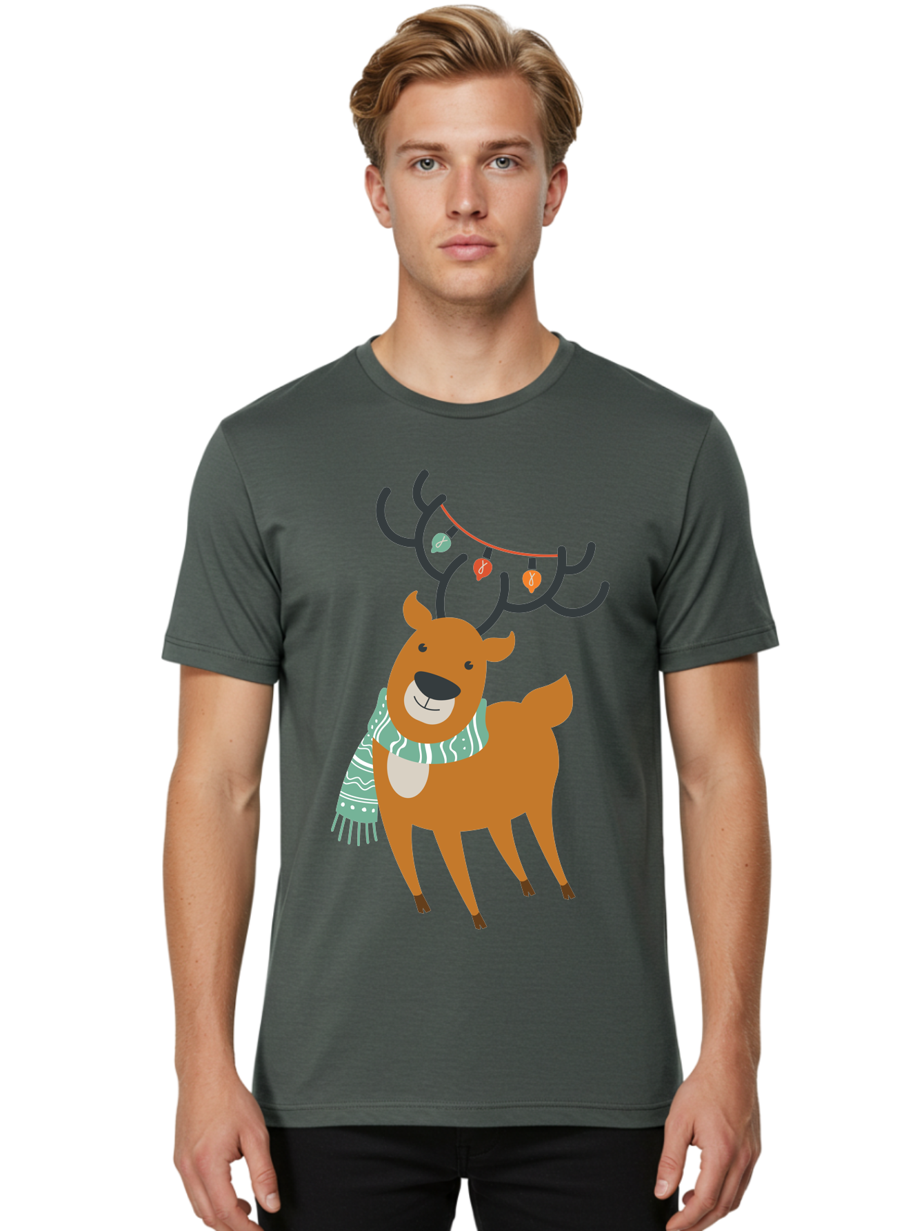 Reindeer-With-Scarf-And-Lights Men'S Graphic Tee, 100% Cotton, Comfortable Casual Summer Wear, Machine Washable, Holiday Reindeer, Christmas Decoration, Festive Scarf, String Lights, Cartoon Character, Winter Wonderland, Merry Christmas, Aad124