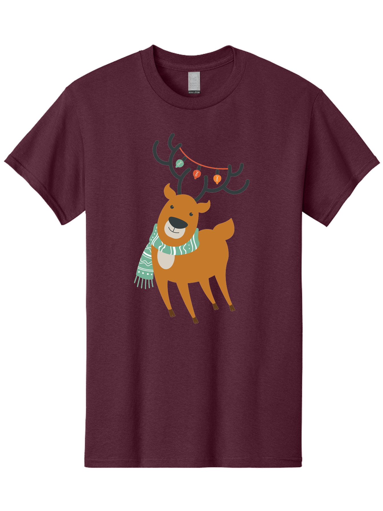 Reindeer-With-Scarf-And-Lights Men'S Graphic Tee, 100% Cotton, Comfortable Casual Summer Wear, Machine Washable, Holiday Reindeer, Christmas Decoration, Festive Scarf, String Lights, Cartoon Character, Winter Wonderland, Merry Christmas, Aad124