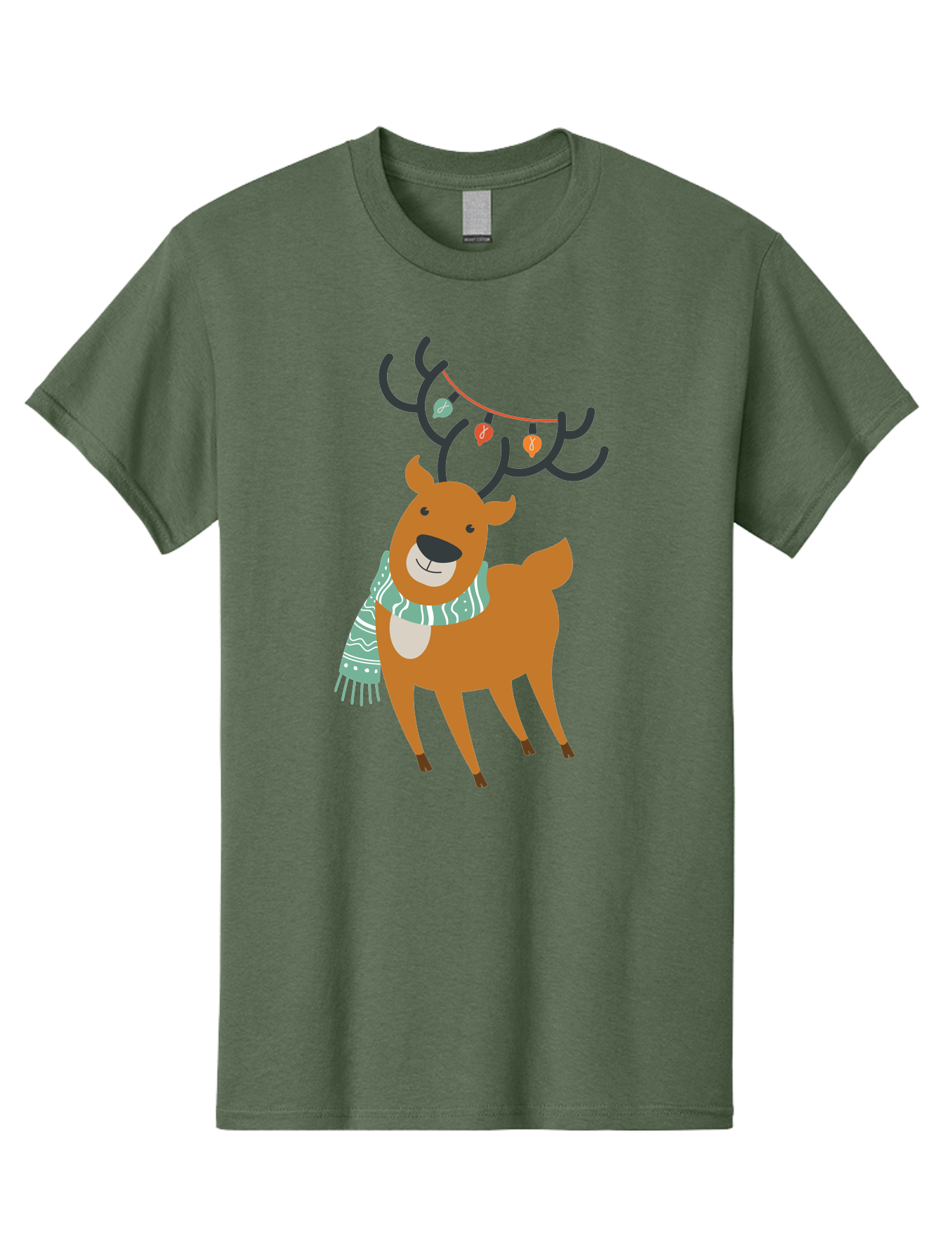 Reindeer-With-Scarf-And-Lights Men'S Graphic Tee, 100% Cotton, Comfortable Casual Summer Wear, Machine Washable, Holiday Reindeer, Christmas Decoration, Festive Scarf, String Lights, Cartoon Character, Winter Wonderland, Merry Christmas, Aad124