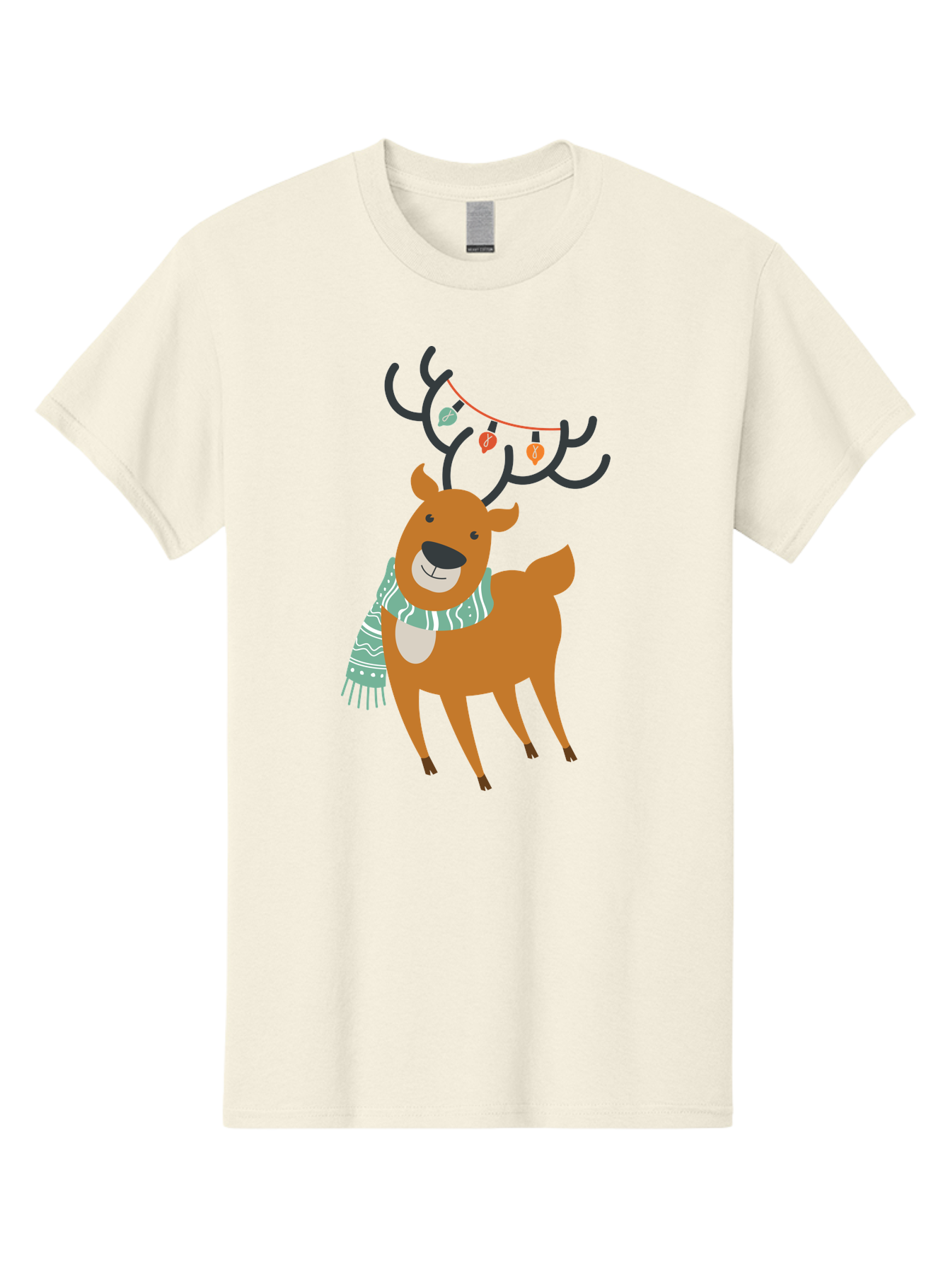 Reindeer-With-Scarf-And-Lights Men'S Graphic Tee, 100% Cotton, Comfortable Casual Summer Wear, Machine Washable, Holiday Reindeer, Christmas Decoration, Festive Scarf, String Lights, Cartoon Character, Winter Wonderland, Merry Christmas, Aad124