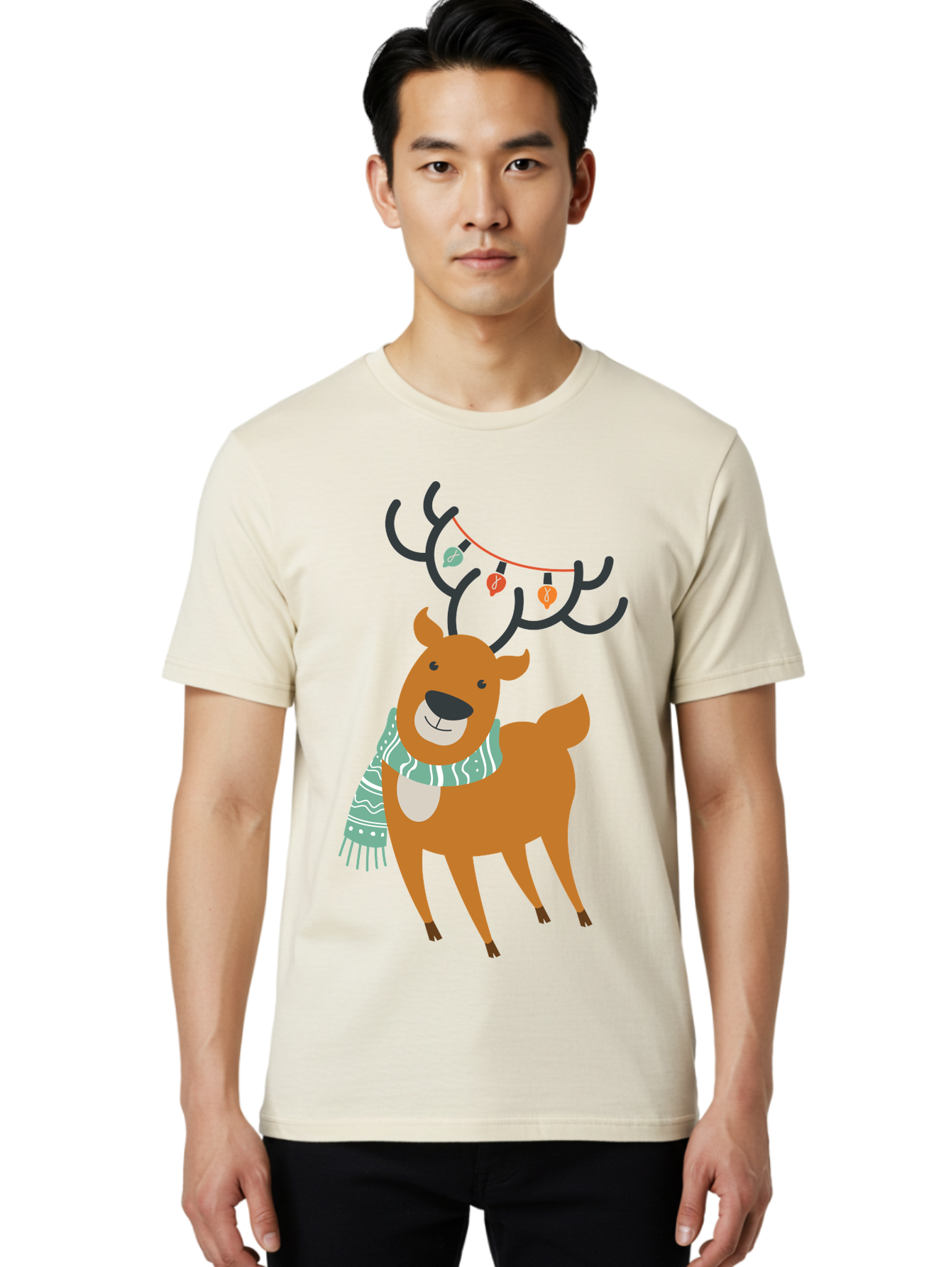 Reindeer-With-Scarf-And-Lights Men'S Graphic Tee, 100% Cotton, Comfortable Casual Summer Wear, Machine Washable, Holiday Reindeer, Christmas Decoration, Festive Scarf, String Lights, Cartoon Character, Winter Wonderland, Merry Christmas, Aad124