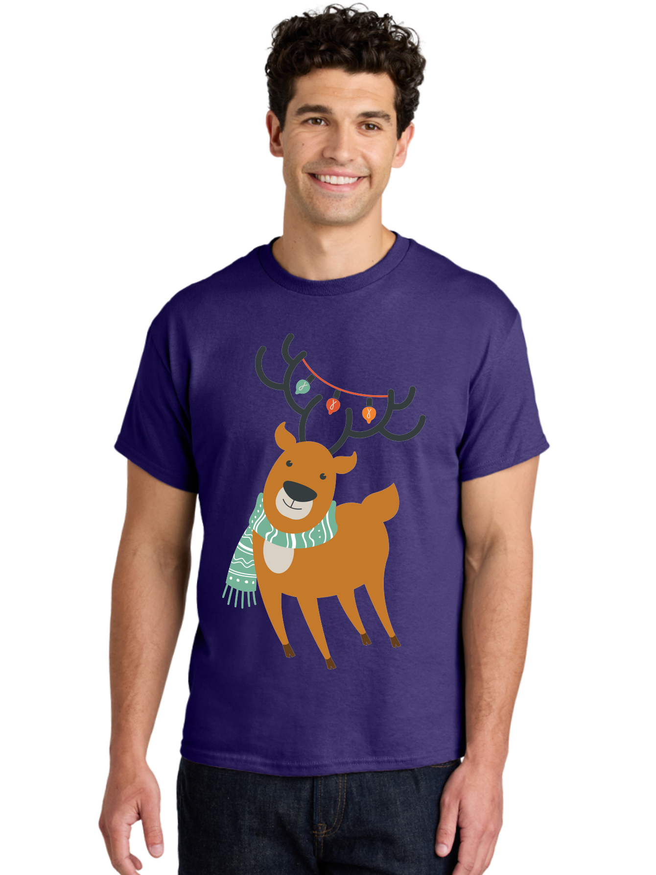 Reindeer-With-Scarf-And-Lights Men'S Graphic Tee, 100% Cotton, Comfortable Casual Summer Wear, Machine Washable, Holiday Reindeer, Christmas Decoration, Festive Scarf, String Lights, Cartoon Character, Winter Wonderland, Merry Christmas, Aad124