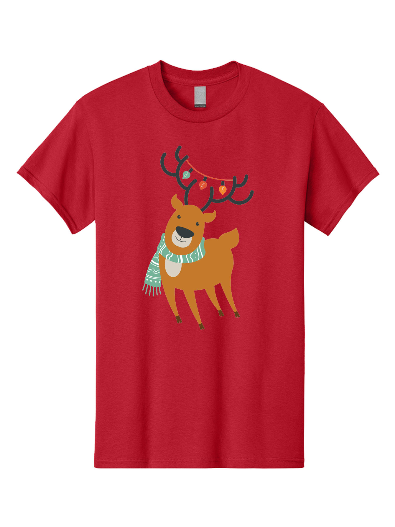 Reindeer-With-Scarf-And-Lights Men'S Graphic Tee, 100% Cotton, Comfortable Casual Summer Wear, Machine Washable, Holiday Reindeer, Christmas Decoration, Festive Scarf, String Lights, Cartoon Character, Winter Wonderland, Merry Christmas, Aad124