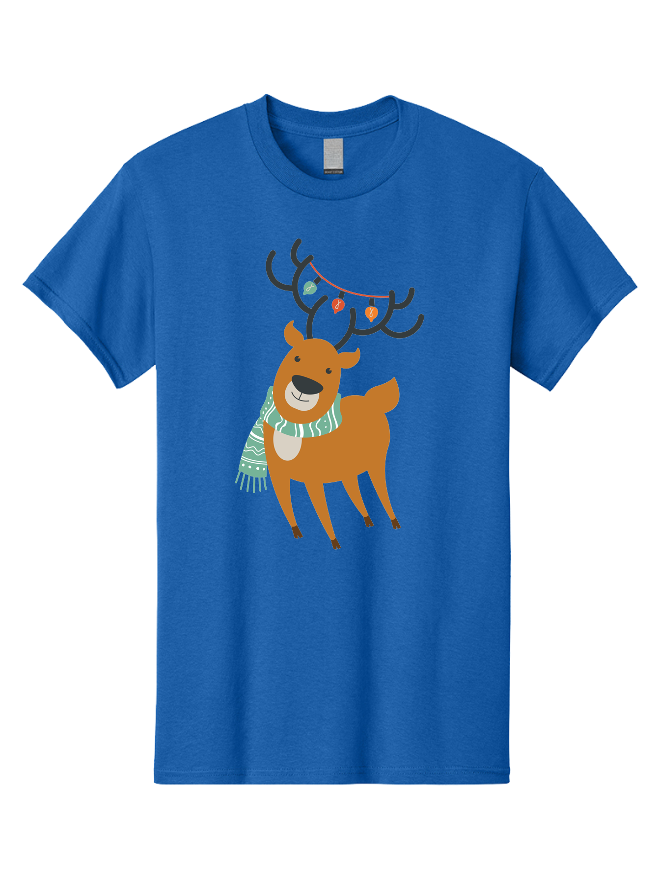 Reindeer-With-Scarf-And-Lights Men'S Graphic Tee, 100% Cotton, Comfortable Casual Summer Wear, Machine Washable, Holiday Reindeer, Christmas Decoration, Festive Scarf, String Lights, Cartoon Character, Winter Wonderland, Merry Christmas, Aad124