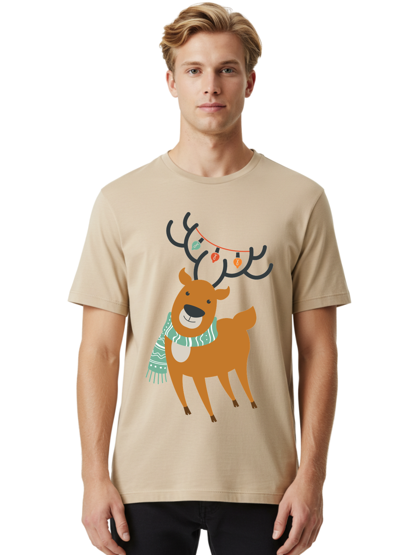Reindeer-With-Scarf-And-Lights Men'S Graphic Tee, 100% Cotton, Comfortable Casual Summer Wear, Machine Washable, Holiday Reindeer, Christmas Decoration, Festive Scarf, String Lights, Cartoon Character, Winter Wonderland, Merry Christmas, Aad124