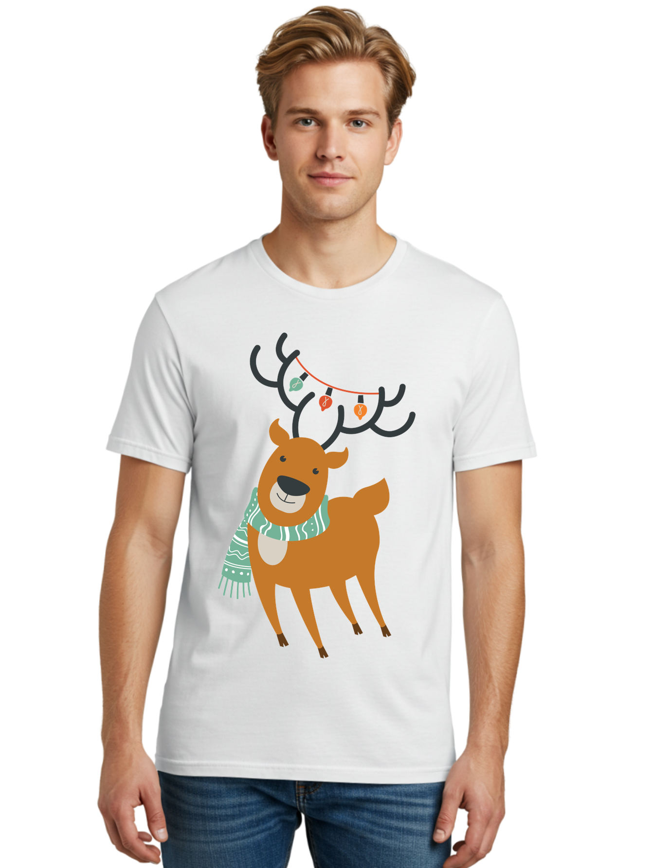 Reindeer-With-Scarf-And-Lights Men'S Graphic Tee, 100% Cotton, Comfortable Casual Summer Wear, Machine Washable, Holiday Reindeer, Christmas Decoration, Festive Scarf, String Lights, Cartoon Character, Winter Wonderland, Merry Christmas, Aad124