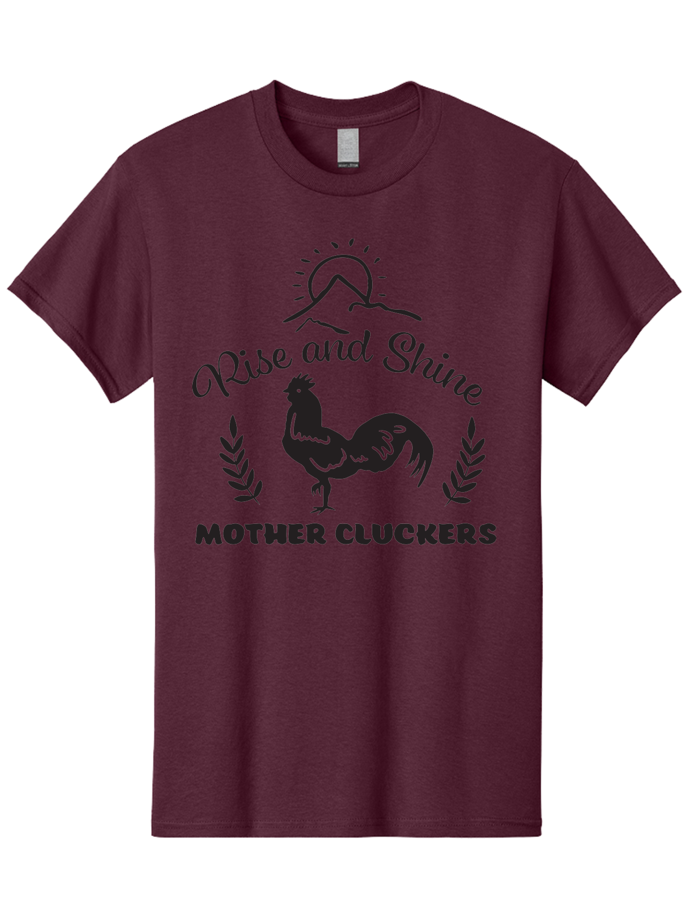 Rise-And-Shine-Mother-Cluckers Men'S Graphic Tee, 100% Cotton, Comfortable Casual Summer Wear, Machine Washable, Rooster, Sunrise Over Mountains, Rise And Shine, Laurel Leaves, Farm Fresh, Morning Motivation, Farm Animals, Poultry Aad129