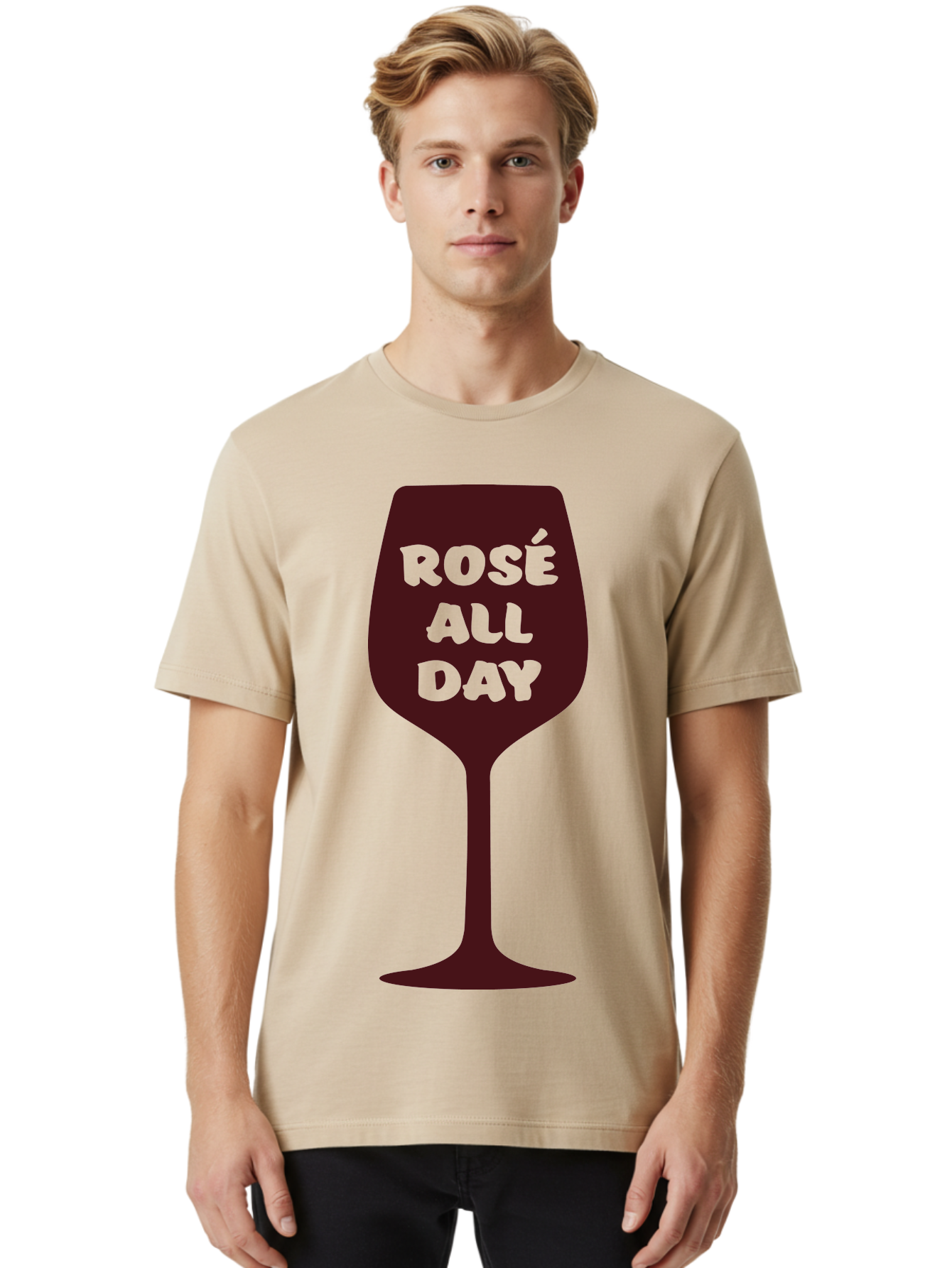 Rose-All-Day Men'S Graphic Tee, 100% Cotton, Comfortable Casual Summer Wear, Machine Washable, Wine Glass, Rose Wine, Rosé All Day, Wine Lover, Relaxed Atmosphere, Casual Drinking, Fun Phrase, Wine Culture Aad131