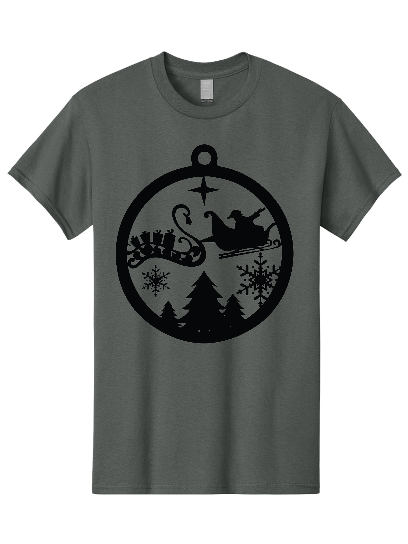 Santa-Sleigh-Ornament Men'S Graphic Tee, 100% Cotton, Comfortable Casual Summer Wear, Machine Washable, Santa Sleigh, Christmas Ornament, Festive Silhouette, Winter Wonderland, Holiday Decor, Santa Claus, Snowflakes, Christmas Trees Aad138