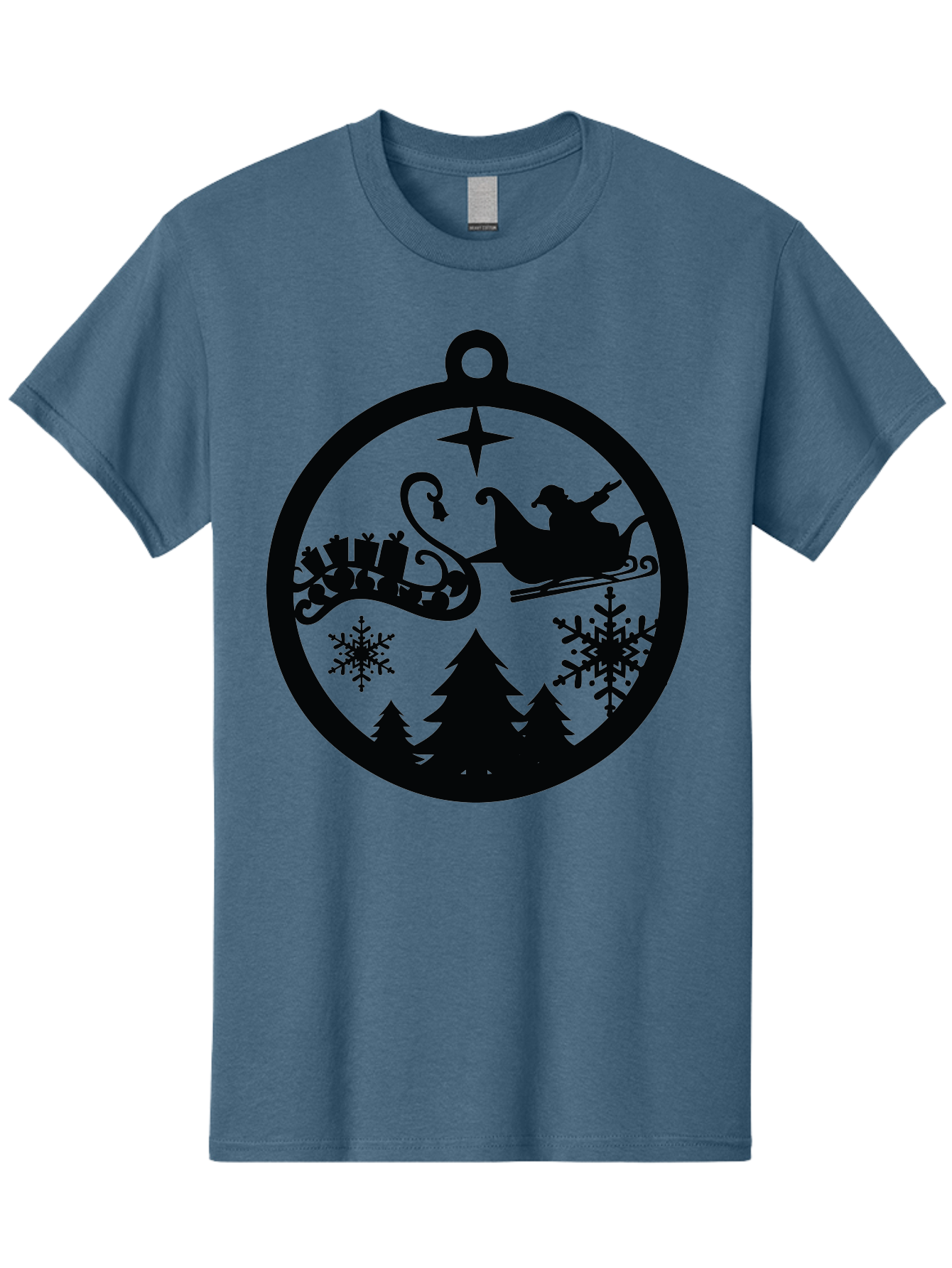 Santa-Sleigh-Ornament Men'S Graphic Tee, 100% Cotton, Comfortable Casual Summer Wear, Machine Washable, Santa Sleigh, Christmas Ornament, Festive Silhouette, Winter Wonderland, Holiday Decor, Santa Claus, Snowflakes, Christmas Trees Aad138