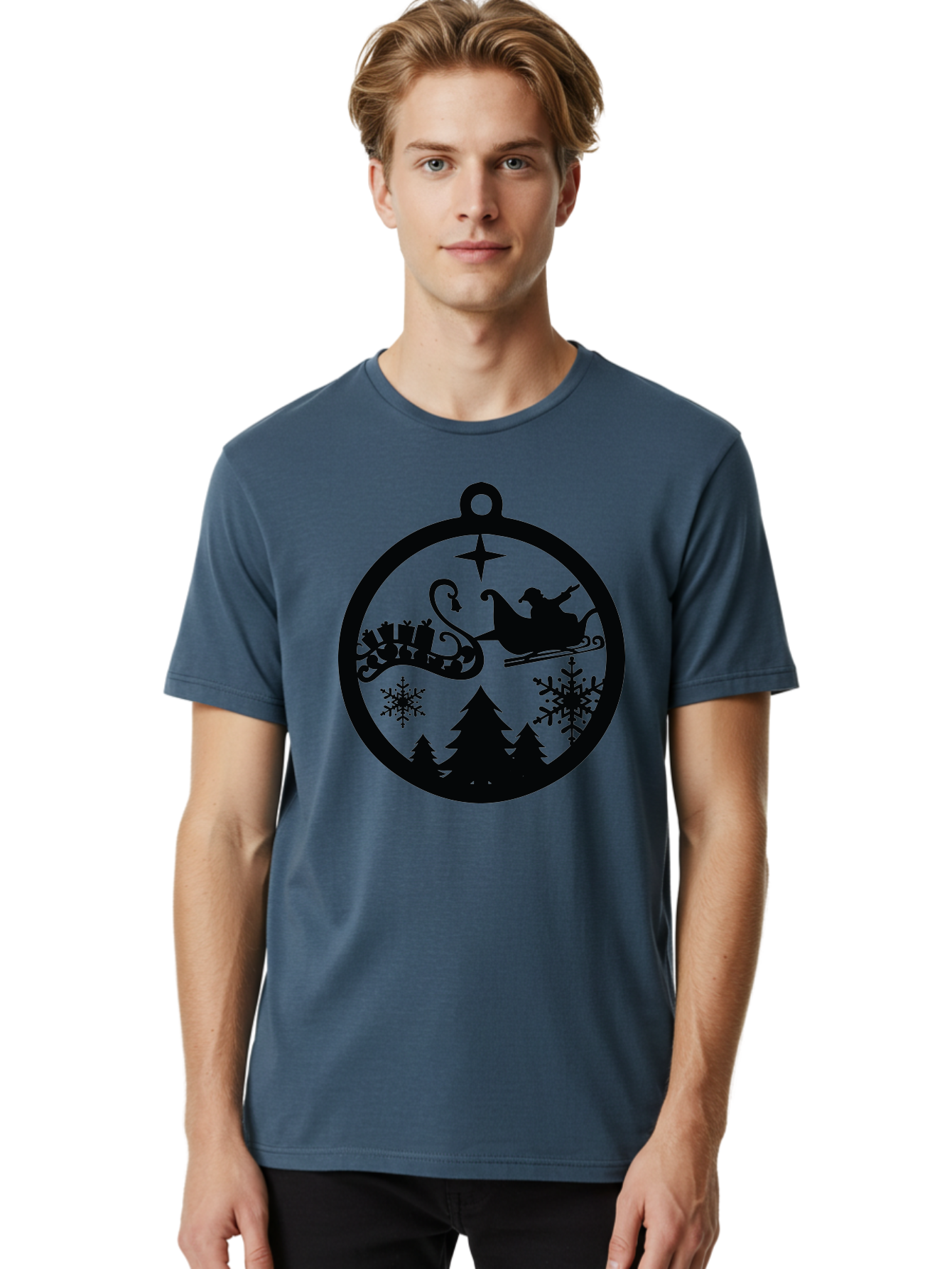 Santa-Sleigh-Ornament Men'S Graphic Tee, 100% Cotton, Comfortable Casual Summer Wear, Machine Washable, Santa Sleigh, Christmas Ornament, Festive Silhouette, Winter Wonderland, Holiday Decor, Santa Claus, Snowflakes, Christmas Trees Aad138