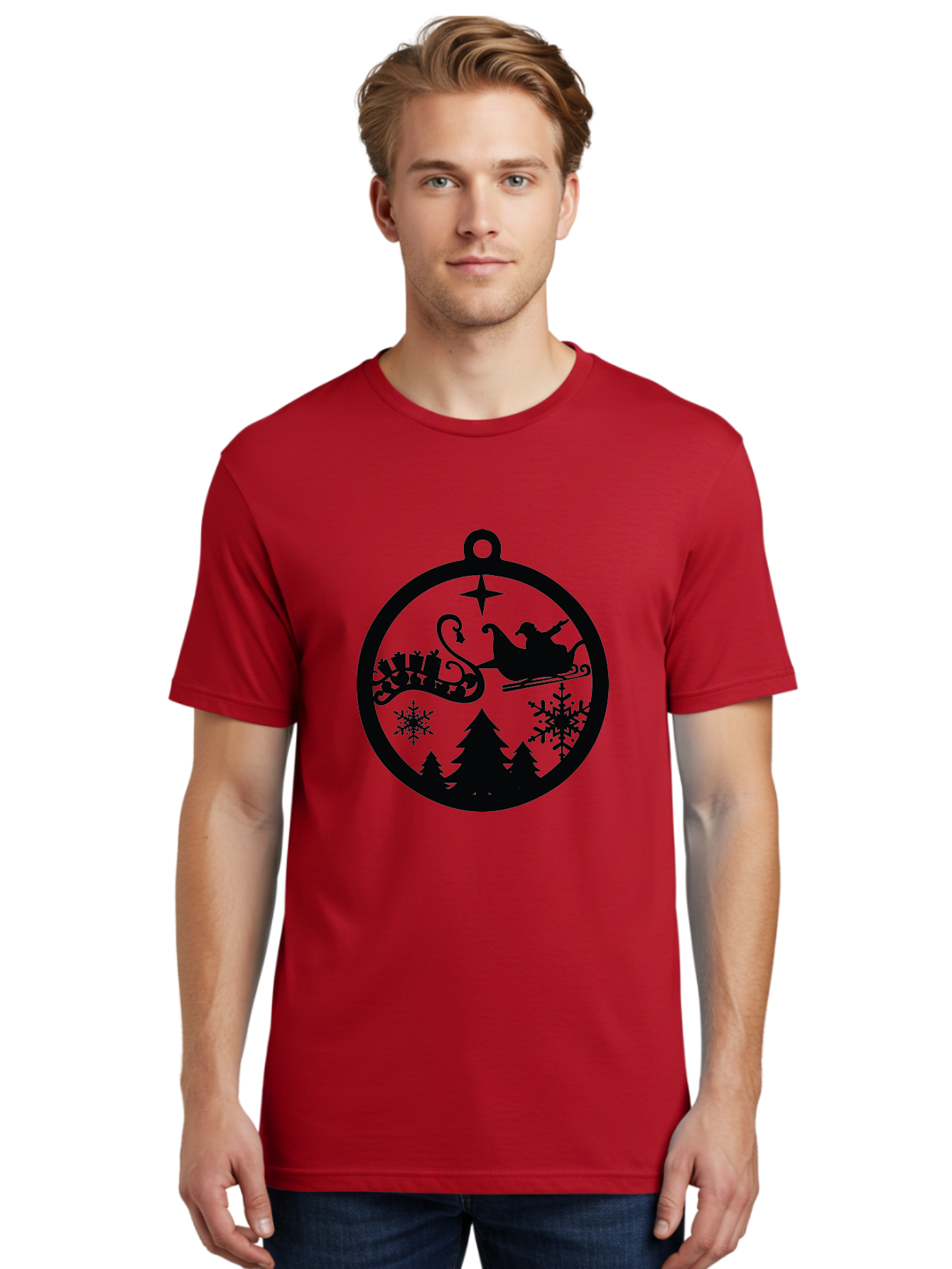 Santa-Sleigh-Ornament Men'S Graphic Tee, 100% Cotton, Comfortable Casual Summer Wear, Machine Washable, Santa Sleigh, Christmas Ornament, Festive Silhouette, Winter Wonderland, Holiday Decor, Santa Claus, Snowflakes, Christmas Trees Aad138