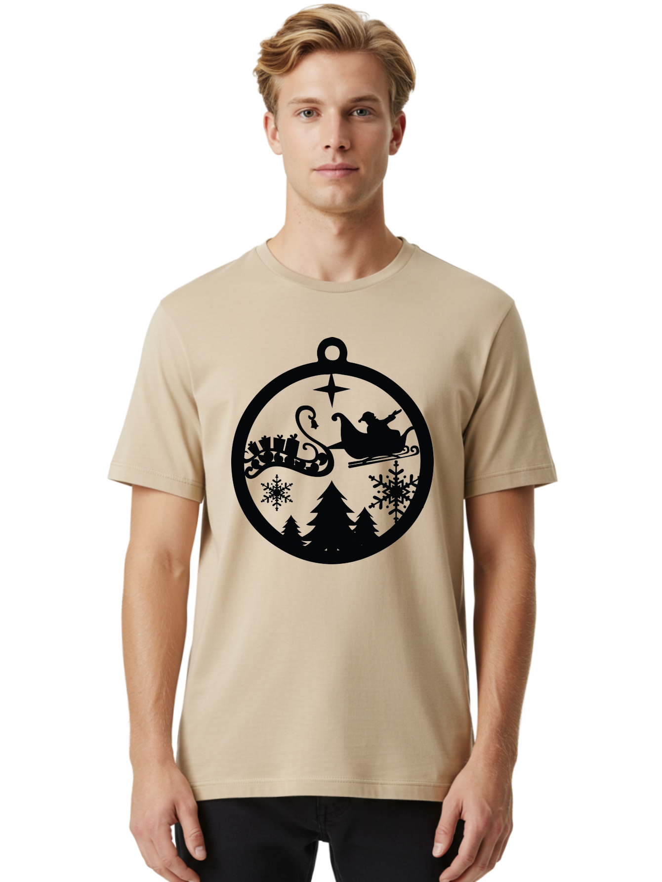 Santa-Sleigh-Ornament Men'S Graphic Tee, 100% Cotton, Comfortable Casual Summer Wear, Machine Washable, Santa Sleigh, Christmas Ornament, Festive Silhouette, Winter Wonderland, Holiday Decor, Santa Claus, Snowflakes, Christmas Trees Aad138