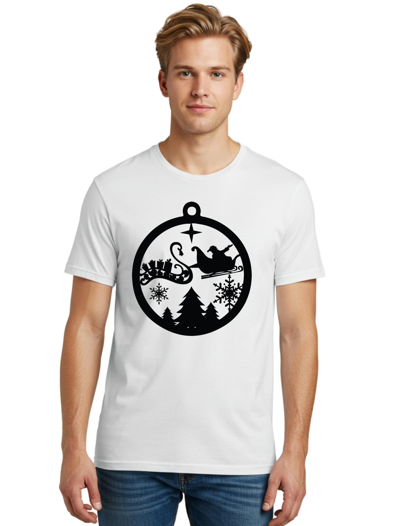 Santa-Sleigh-Ornament Men'S Graphic Tee, 100% Cotton, Comfortable Casual Summer Wear, Machine Washable, Santa Sleigh, Christmas Ornament, Festive Silhouette, Winter Wonderland, Holiday Decor, Santa Claus, Snowflakes, Christmas Trees Aad138