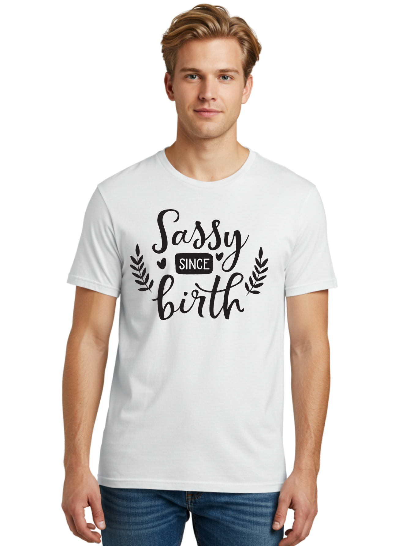 Sassy-Since-Birth Men'S Graphic Tee, 100% Cotton, Comfortable Casual Summer Wear, Machine Washable, Sassy Attitude, Confident Personality, Funny Quote, Inspirational Phrase, Sassy Since Birth, Bold Text, Leaf Designs, Heart Shapes, Aad144
