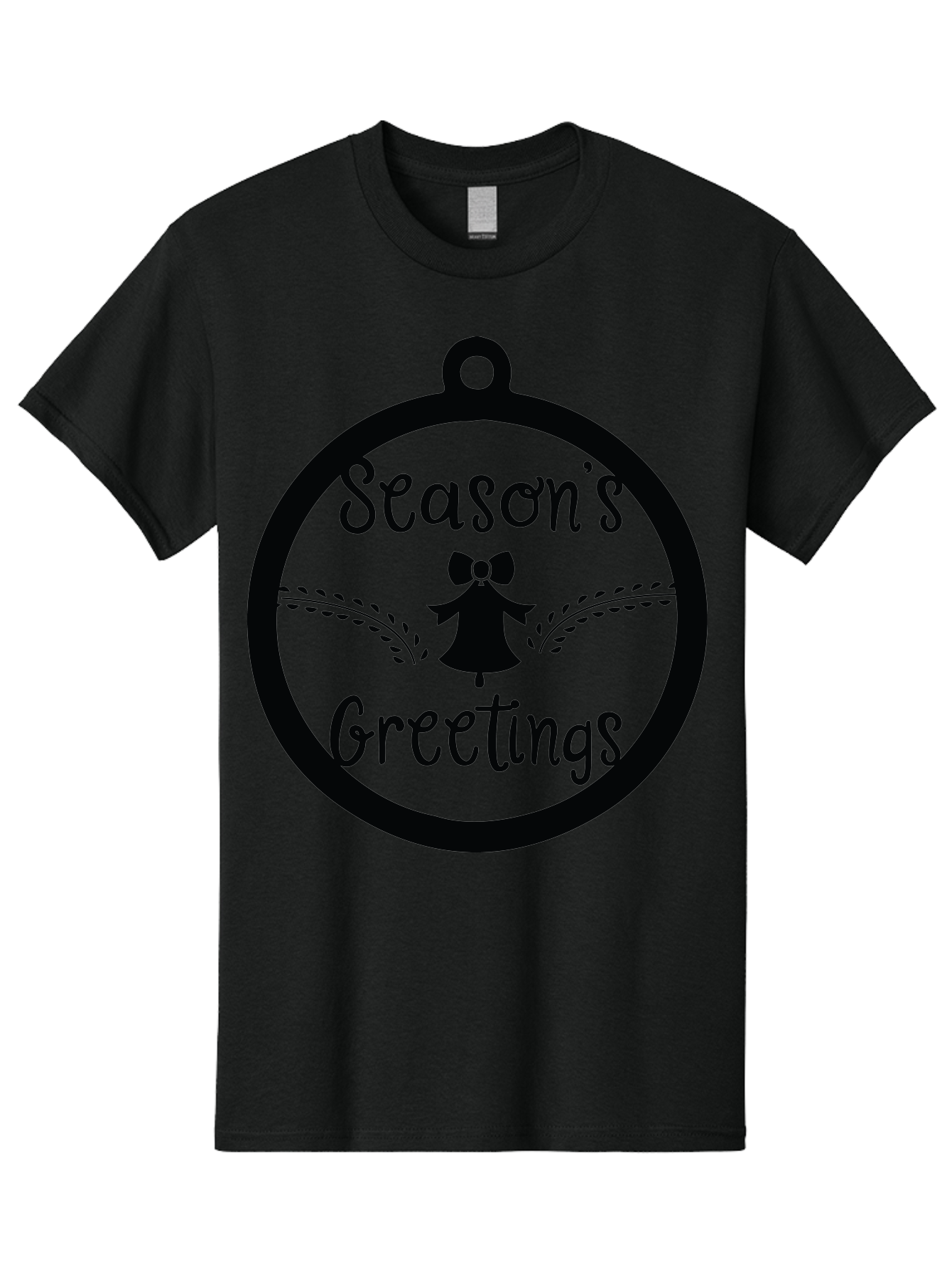 Season-S-Greetings Men'S Graphic Tee, 100% Cotton, Comfortable Casual Summer Wear, Machine Washable, Christmas Ornament, Festive Design, Holiday Greeting Card, Black Silhouette, Angel Silhouette, Bow Decoration, Black And Green, Aad145