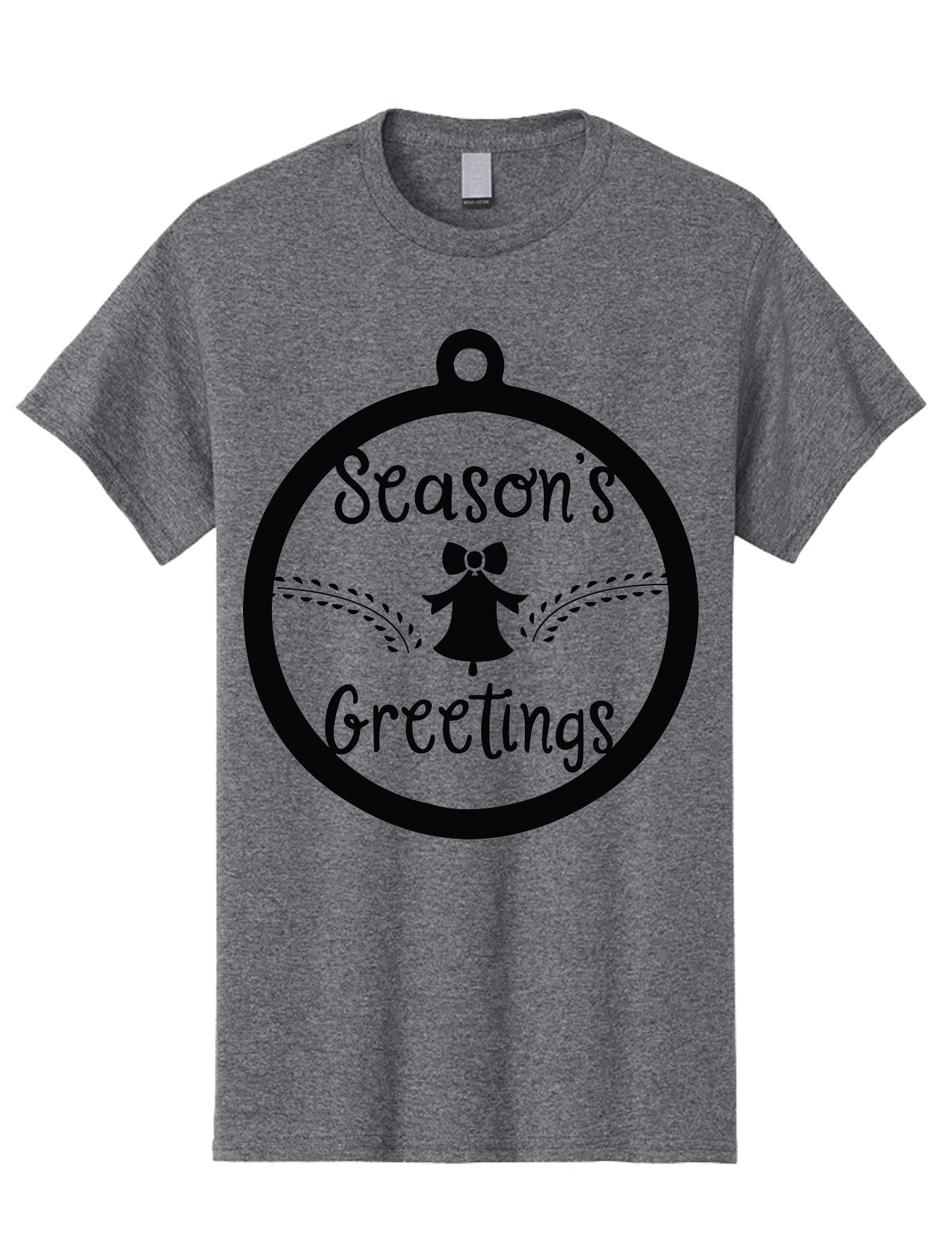 Season-S-Greetings Men'S Graphic Tee, 100% Cotton, Comfortable Casual Summer Wear, Machine Washable, Christmas Ornament, Festive Design, Holiday Greeting Card, Black Silhouette, Angel Silhouette, Bow Decoration, Black And Green, Aad145