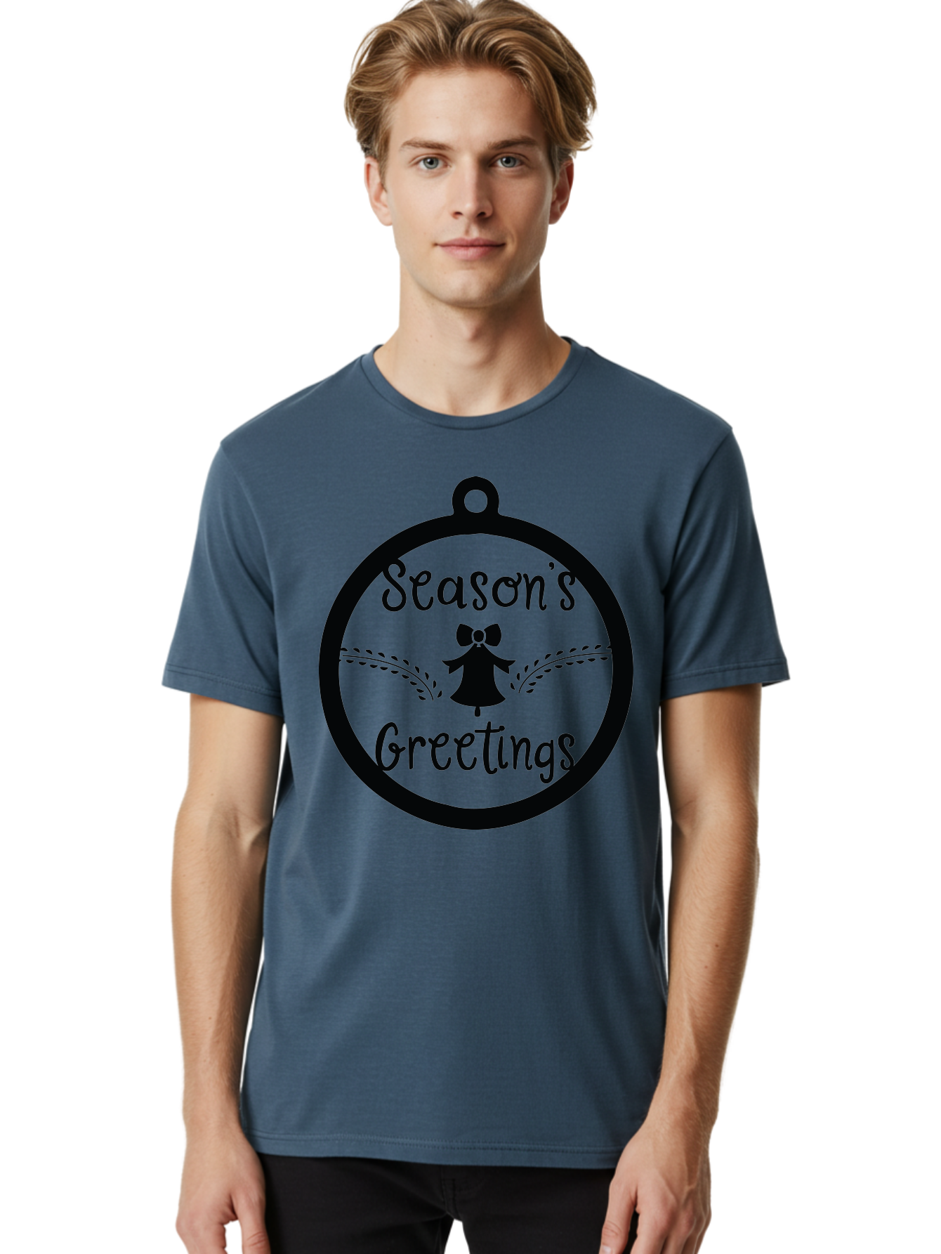 Season-S-Greetings Men'S Graphic Tee, 100% Cotton, Comfortable Casual Summer Wear, Machine Washable, Christmas Ornament, Festive Design, Holiday Greeting Card, Black Silhouette, Angel Silhouette, Bow Decoration, Black And Green, Aad145
