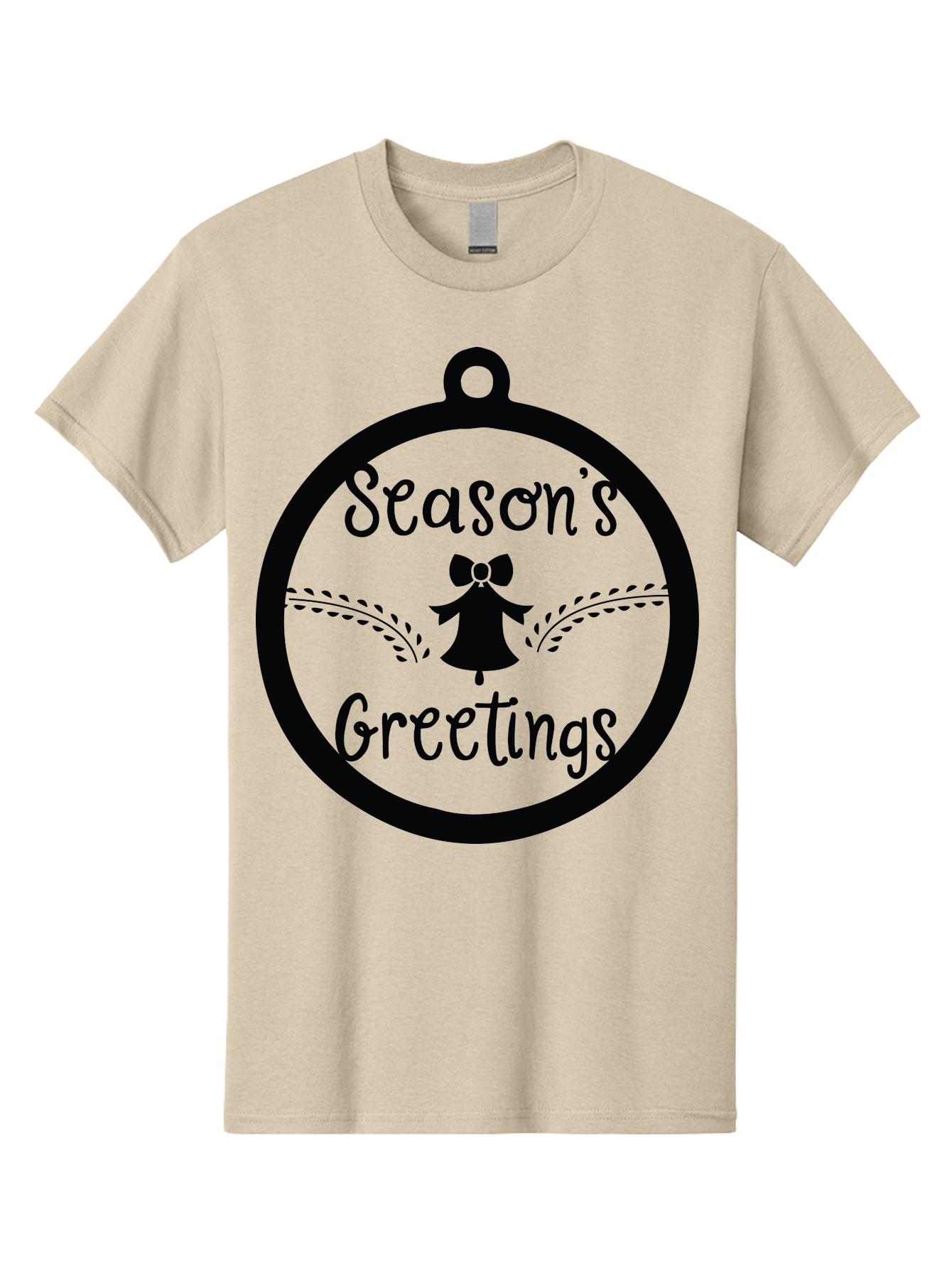 Season-S-Greetings Men'S Graphic Tee, 100% Cotton, Comfortable Casual Summer Wear, Machine Washable, Christmas Ornament, Festive Design, Holiday Greeting Card, Black Silhouette, Angel Silhouette, Bow Decoration, Black And Green, Aad145