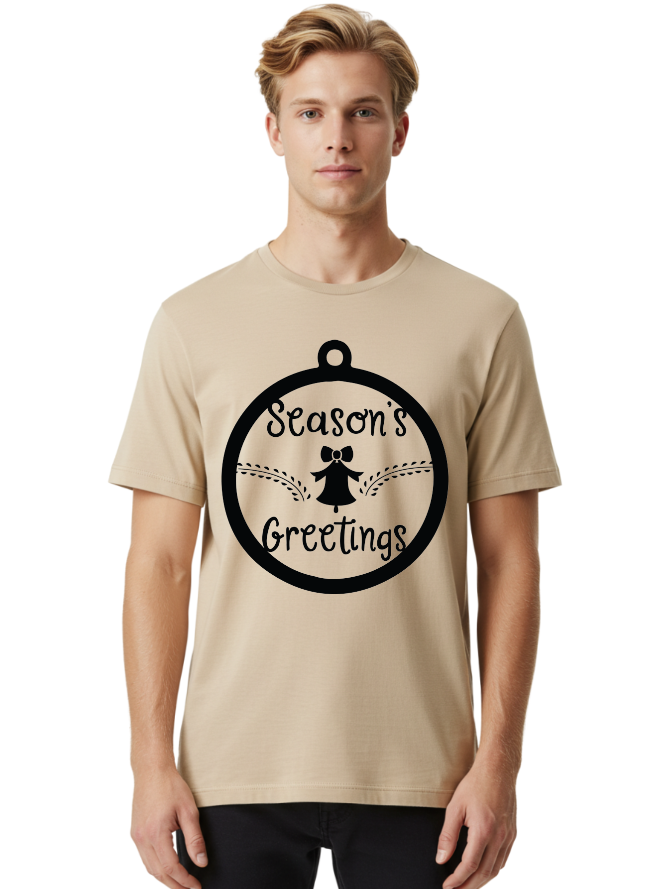 Season-S-Greetings Men'S Graphic Tee, 100% Cotton, Comfortable Casual Summer Wear, Machine Washable, Christmas Ornament, Festive Design, Holiday Greeting Card, Black Silhouette, Angel Silhouette, Bow Decoration, Black And Green, Aad145