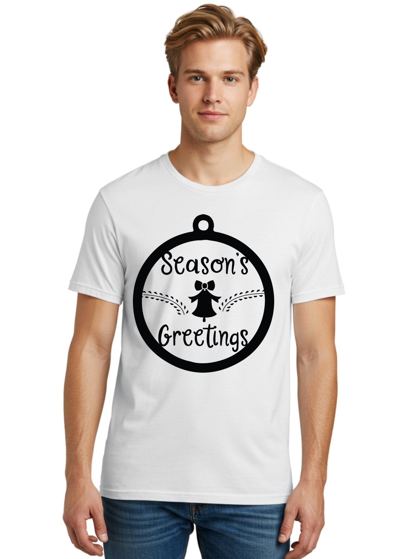 Season-S-Greetings Men'S Graphic Tee, 100% Cotton, Comfortable Casual Summer Wear, Machine Washable, Christmas Ornament, Festive Design, Holiday Greeting Card, Black Silhouette, Angel Silhouette, Bow Decoration, Black And Green, Aad145