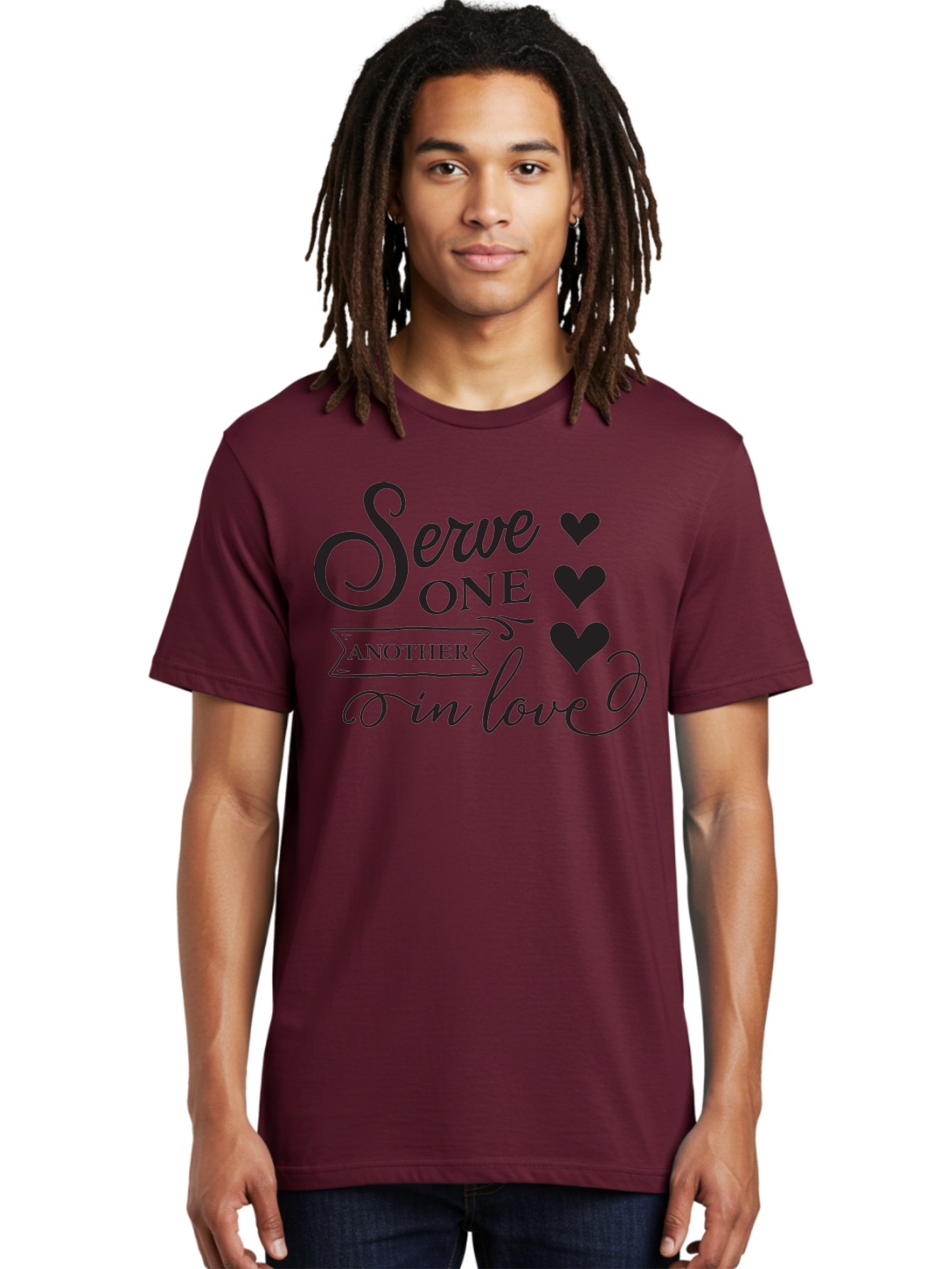 Serve-One-Another-In-Love Men'S Graphic Tee, 100% Cotton, Comfortable Casual Summer Wear, Machine Washable, Serve One Another, Love Message, Heartwarming Quote, Inspirational Saying, Kindness Reminder, Black Hearts, Typography Art Aad148