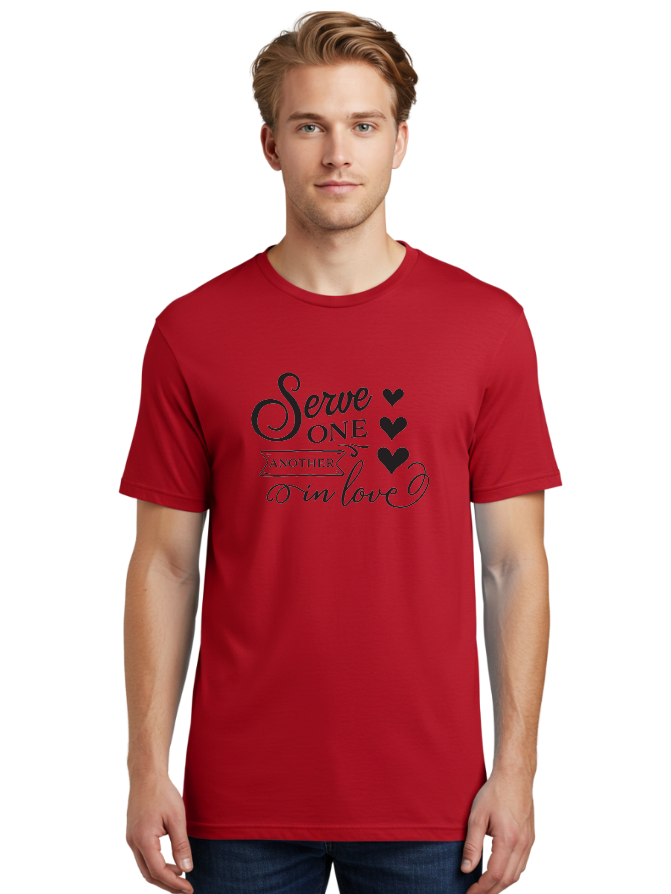 Serve-One-Another-In-Love Men'S Graphic Tee, 100% Cotton, Comfortable Casual Summer Wear, Machine Washable, Serve One Another, Love Message, Heartwarming Quote, Inspirational Saying, Kindness Reminder, Black Hearts, Typography Art Aad148