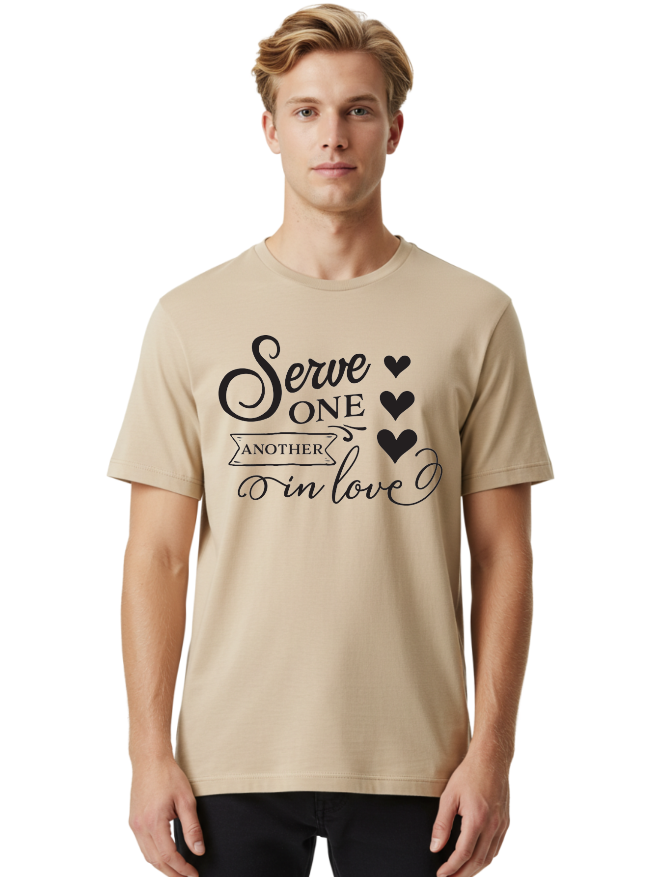 Serve-One-Another-In-Love Men'S Graphic Tee, 100% Cotton, Comfortable Casual Summer Wear, Machine Washable, Serve One Another, Love Message, Heartwarming Quote, Inspirational Saying, Kindness Reminder, Black Hearts, Typography Art Aad148
