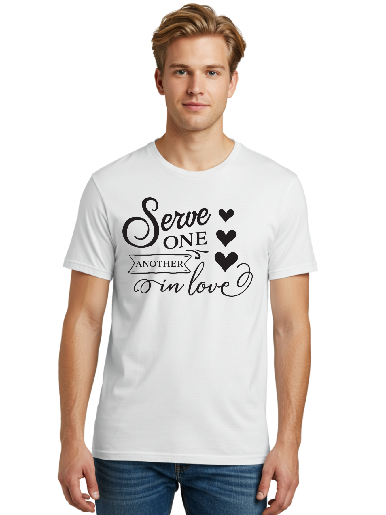 Serve-One-Another-In-Love Men'S Graphic Tee, 100% Cotton, Comfortable Casual Summer Wear, Machine Washable, Serve One Another, Love Message, Heartwarming Quote, Inspirational Saying, Kindness Reminder, Black Hearts, Typography Art Aad148