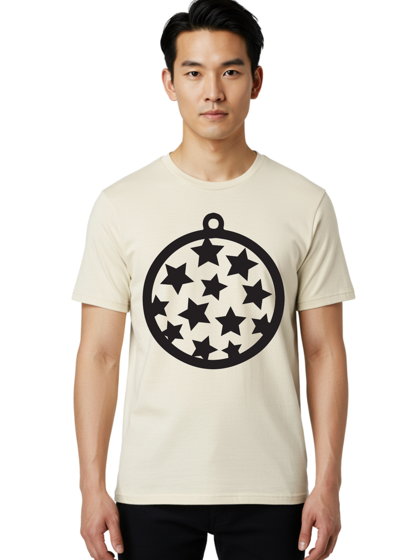 Seven-Star-Ball Men'S Graphic Tee, 100% Cotton, Comfortable Casual Summer Wear, Machine Washable, Seven Stars, Black Stars, Circular Frame, Ornament Design, Christmas Decoration, Festive Symbol, Star Pattern, Magic Symbol, Mystical Design Aad149
