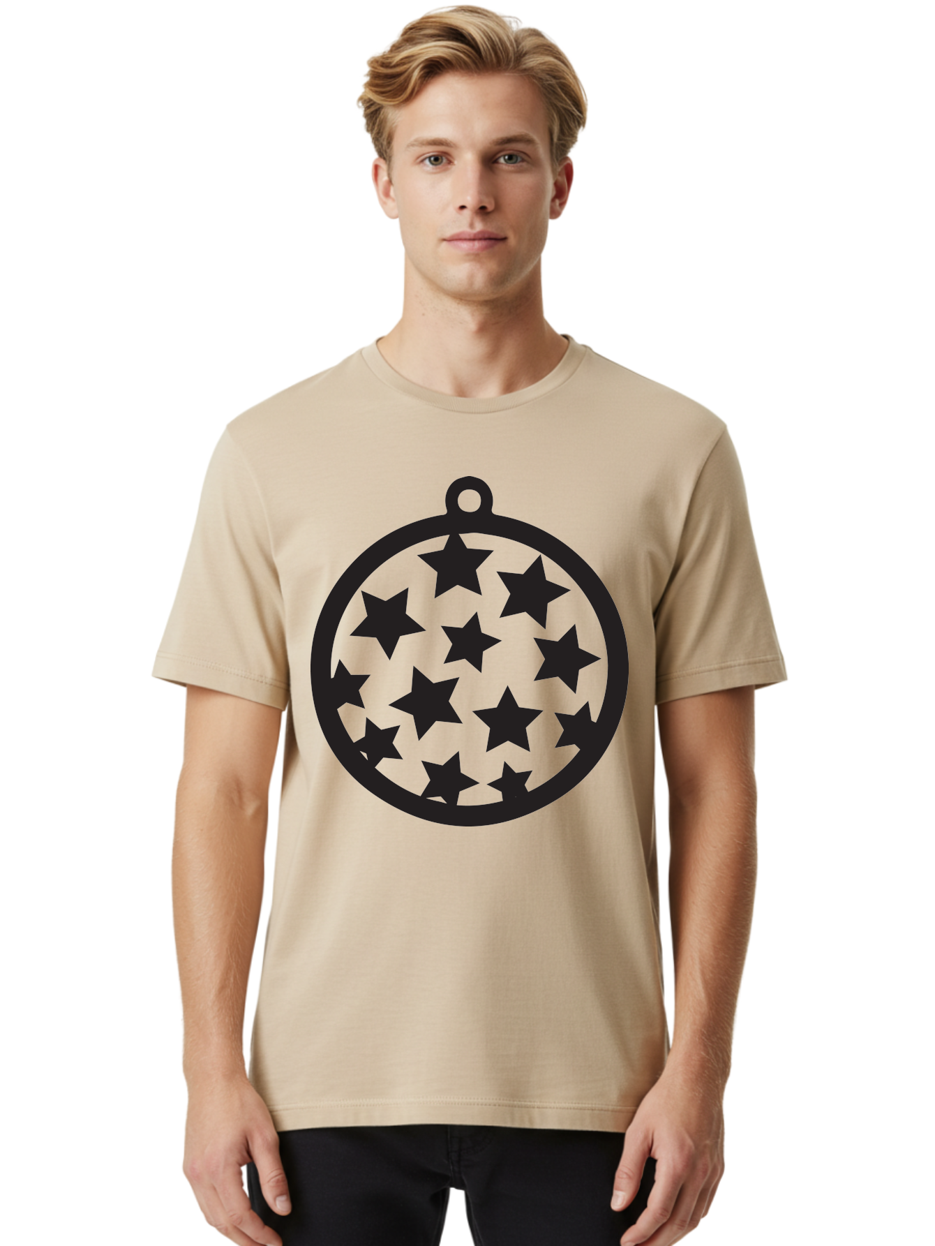 Seven-Star-Ball Men'S Graphic Tee, 100% Cotton, Comfortable Casual Summer Wear, Machine Washable, Seven Stars, Black Stars, Circular Frame, Ornament Design, Christmas Decoration, Festive Symbol, Star Pattern, Magic Symbol, Mystical Design Aad149
