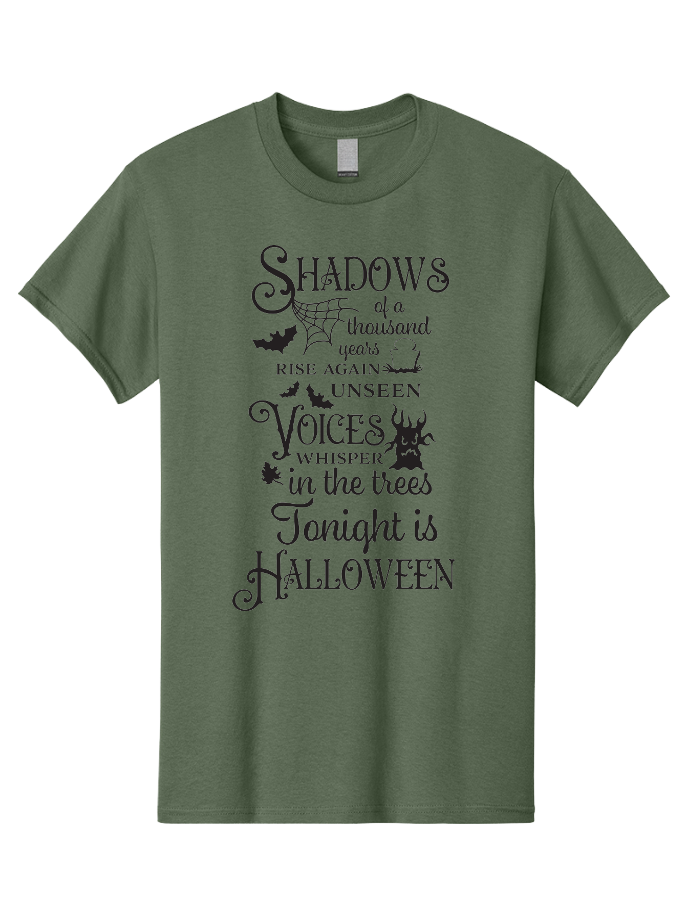 Shadows-Of-A-Thousand-Years-Rise-Again-Unseen-Voices-Whisper-In-The-Trees-Tonight-Is-Halloween Men'S Graphic Tee, 100% Cotton, Comfortable Casual Summer Wear, Machine Washable, Halloween Quote, Spooky Season, Shadows Rise Again, Unseen Voices, Aad150