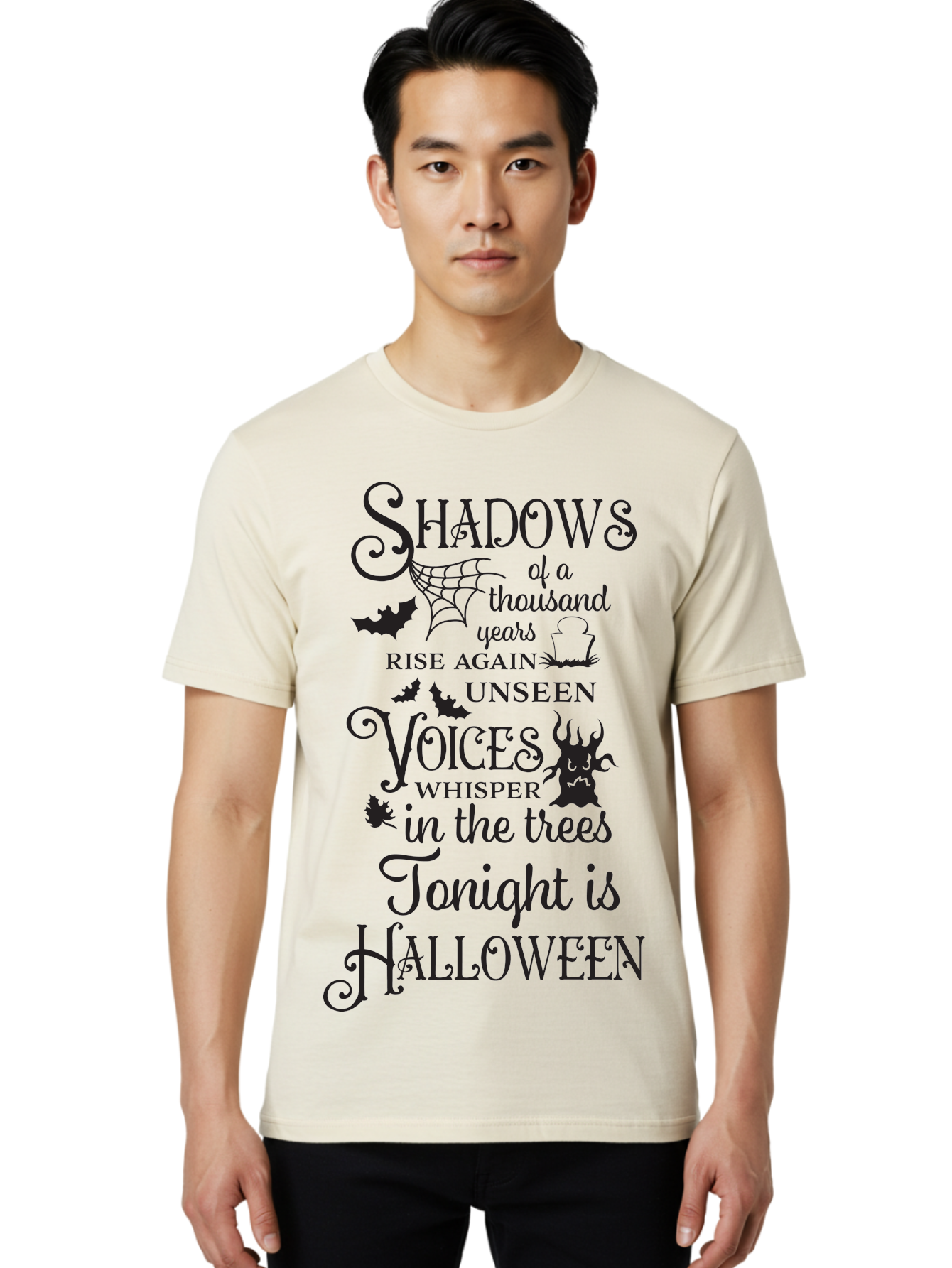 Shadows-Of-A-Thousand-Years-Rise-Again-Unseen-Voices-Whisper-In-The-Trees-Tonight-Is-Halloween Men'S Graphic Tee, 100% Cotton, Comfortable Casual Summer Wear, Machine Washable, Halloween Quote, Spooky Season, Shadows Rise Again, Unseen Voices, Aad150