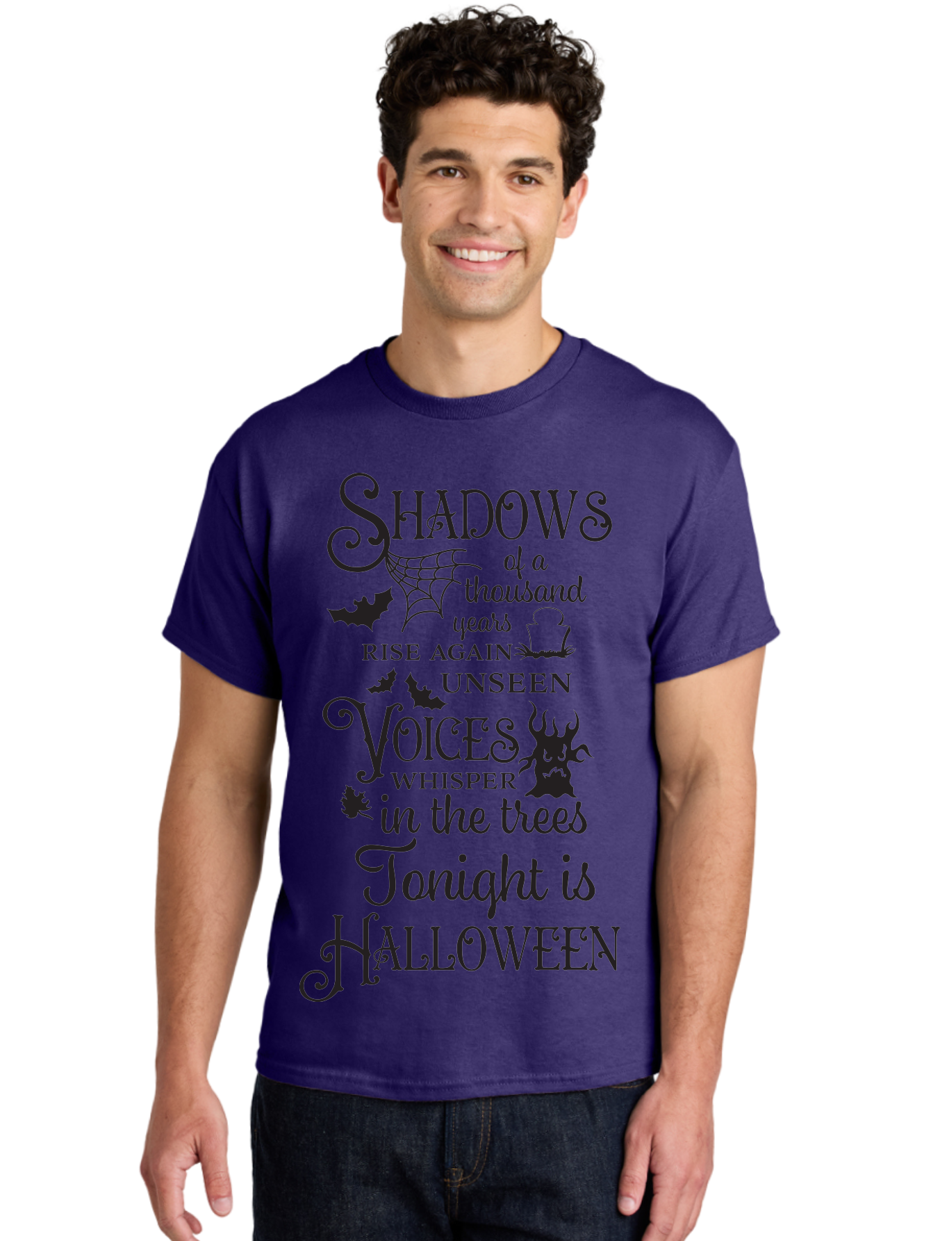 Shadows-Of-A-Thousand-Years-Rise-Again-Unseen-Voices-Whisper-In-The-Trees-Tonight-Is-Halloween Men'S Graphic Tee, 100% Cotton, Comfortable Casual Summer Wear, Machine Washable, Halloween Quote, Spooky Season, Shadows Rise Again, Unseen Voices, Aad150